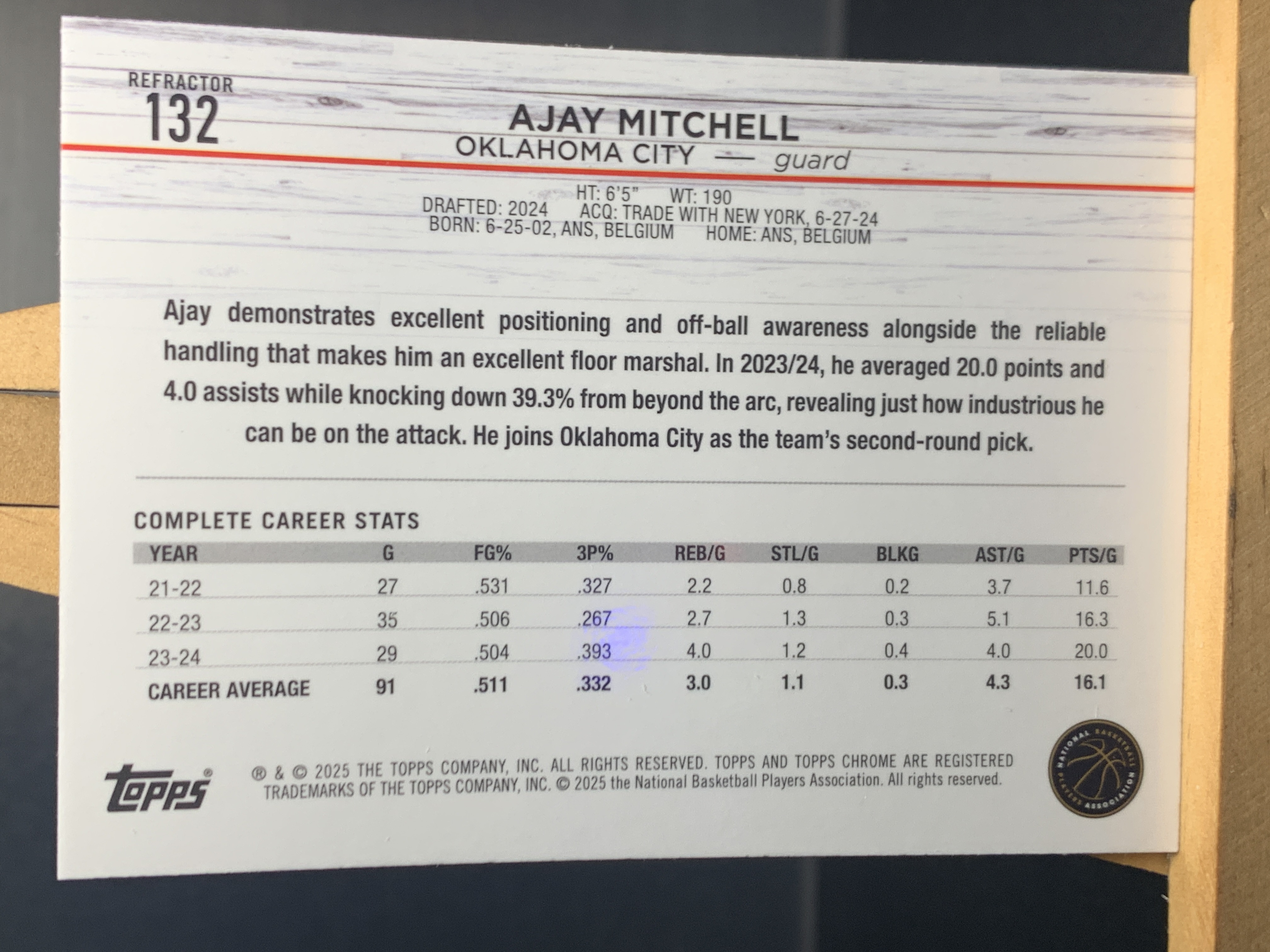 (K2) 2025 TOPPS 折射 新秀RC 阿杰伊 米切尔 近期大热球星 收藏必备 卡品如图 ! ! !
