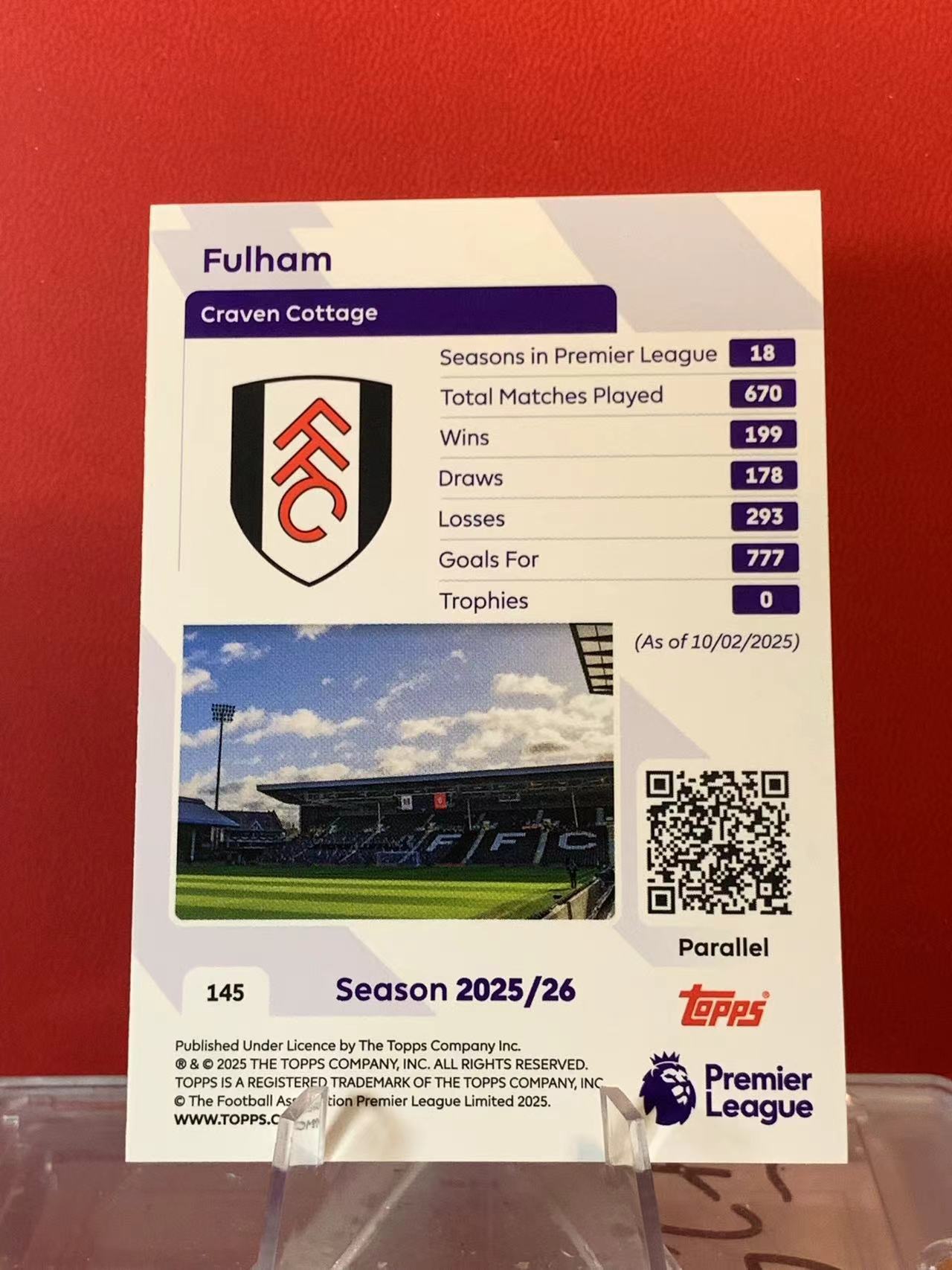 (詹叔代拍)2025-26 Topps Premier 英超 富勒姆 队徽 队标 logo 英超 58/99编 绿折 卡品如图 顺丰寄付 i3