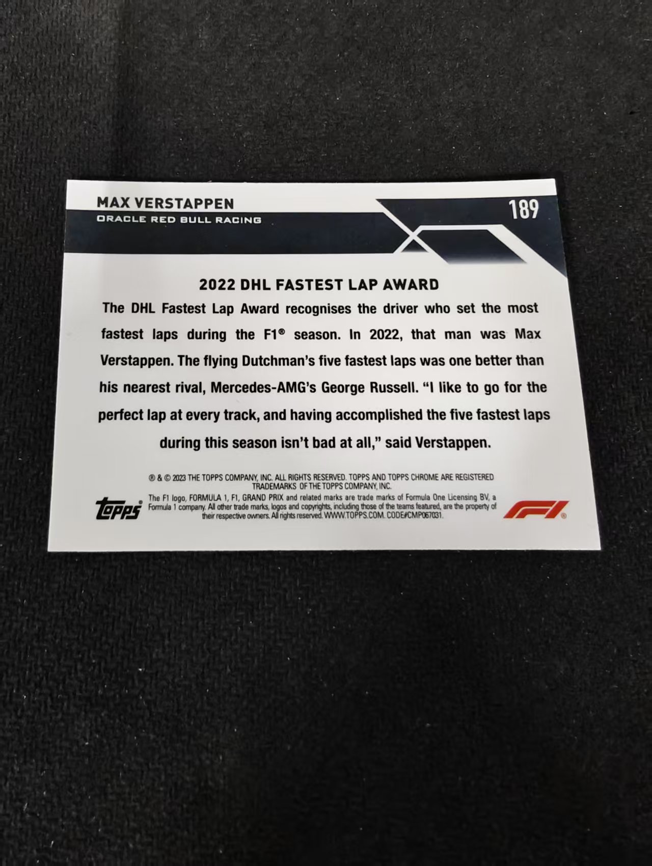 2023 Topps Chrome F1 Max Verstappen 维斯塔潘 红牛 划痕 边角瑕疵 #189