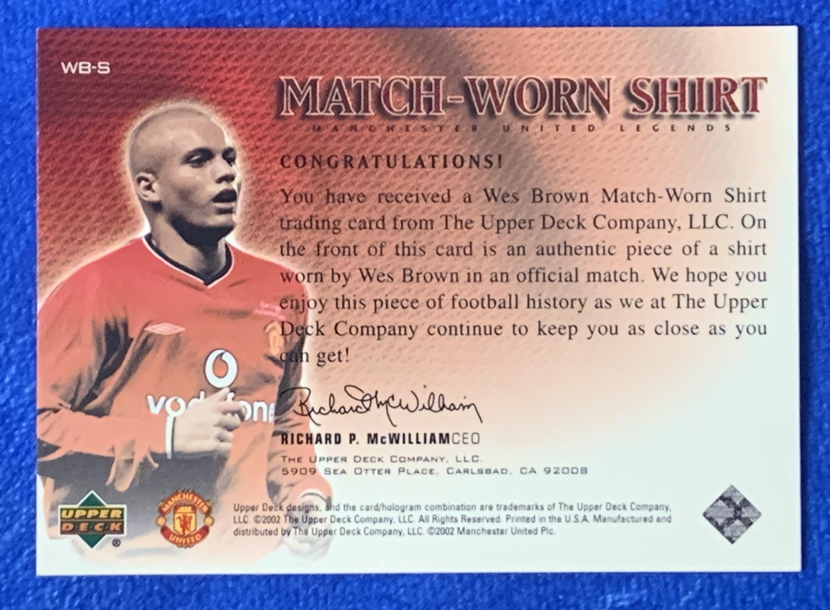 2002 Upper Deck Manchester United Brown 亚德落场球衣卡 曼联 韦斯布朗 后场万金油 三冠王 英格兰国脚England 经典老卡 近乎绝版 不保卡品ebay有价