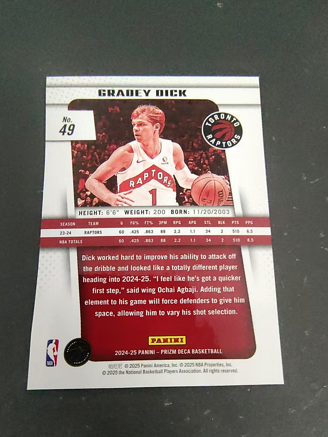 【可合并,不累计】2024-25 Panini Prizm Deca Gradey Dick 复刻PZ 格雷迪 迪克 屌哥 神射手 未来可期 猛龙 划痕 边角瑕疵 #49