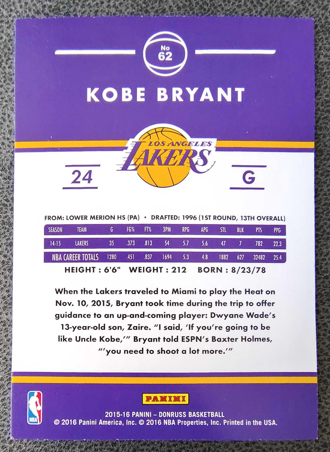 2015-16 Panini Donruss Kobe Bryant 科比 布莱恩特 黑曼巴 湖人 杜蕾斯 选图美如画