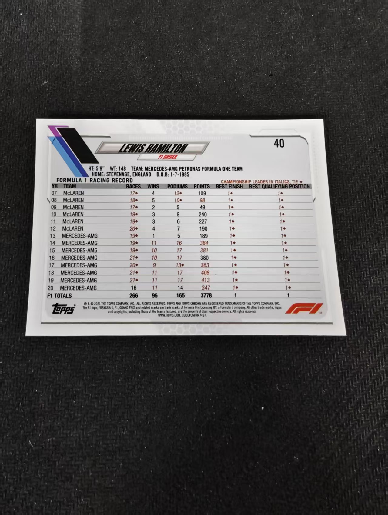 2021 Topps Chrome Lewis Hamilton F1 梅赛德斯奔驰车队 刘易斯 汉密尔顿 划痕 边角瑕疵 #40