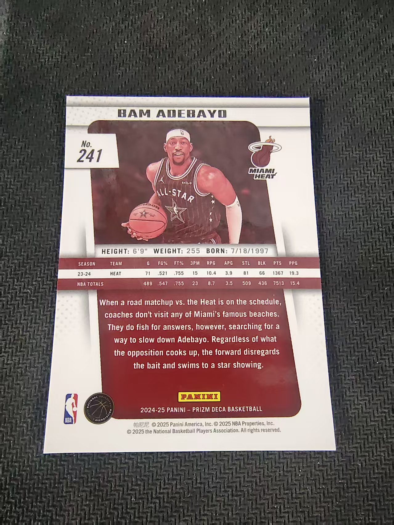【可合并,不累计】2024-25 Panini Prizm Deca Bam Adebayo 热火 阿德巴约 PZ 复刻 划痕 边角瑕疵 #241