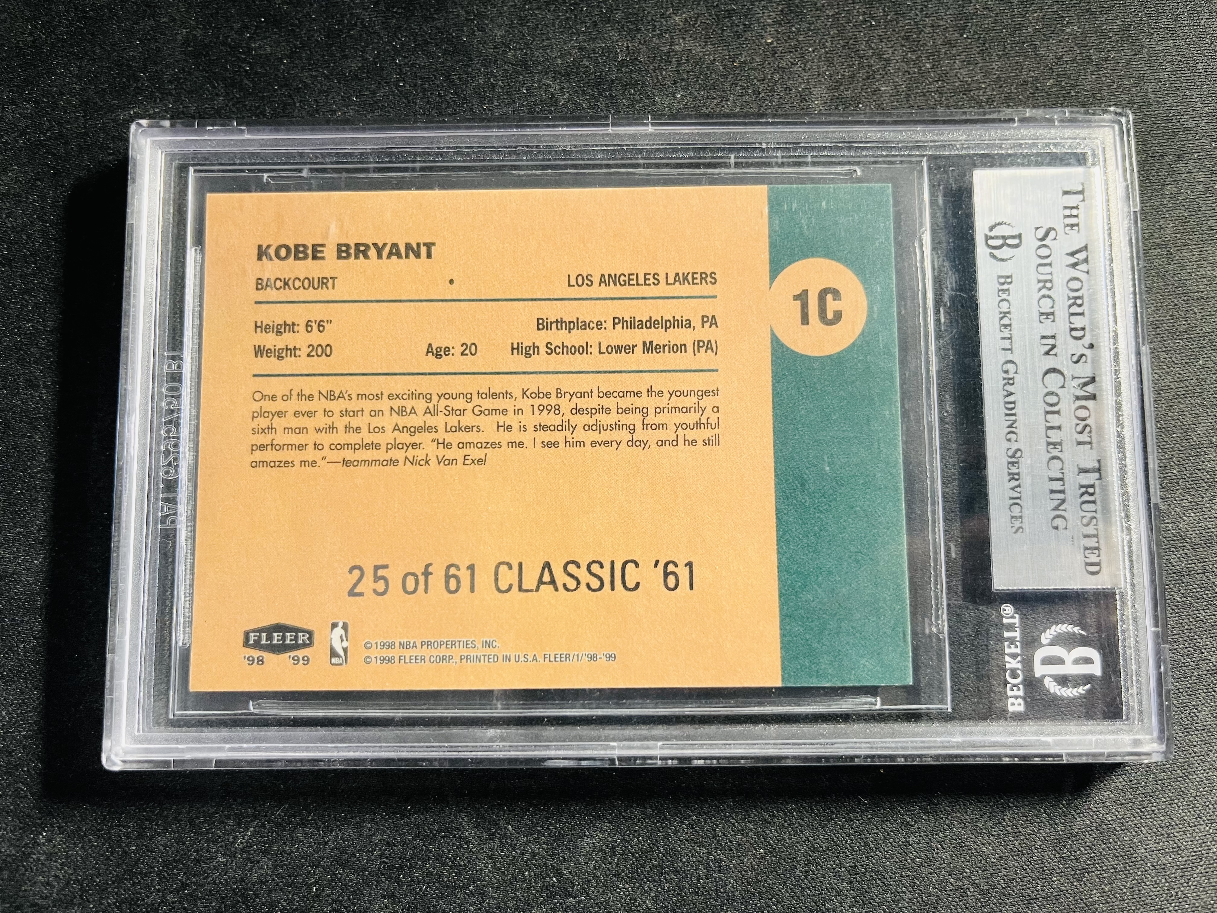 【古都代拍精品】1998-99 Fleer Tradition Kobe Bryant Classic'61 #1C 湖人 科比 布莱恩特 61编 折射 迈克尔乔丹同框 经典老特 极品老卡 BGS9分 系列HIT 懂得都懂#曼德拉菲#
