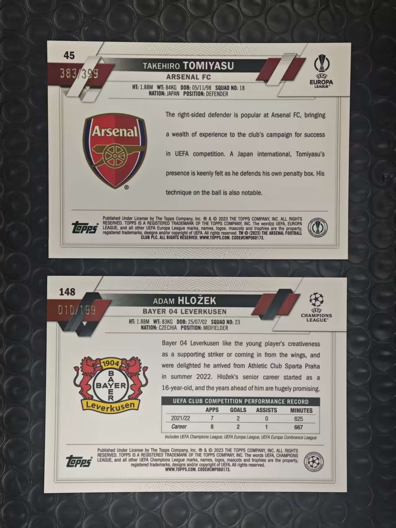 2023 Topps Chrome Adam Hlozek 欧冠TC 勒沃库森 赫洛泽克 阿森纳 富安健洋 199编 399编 青折 绿折 折射 2张打包LOT 如图【原地起飞卡社】MVP11.11