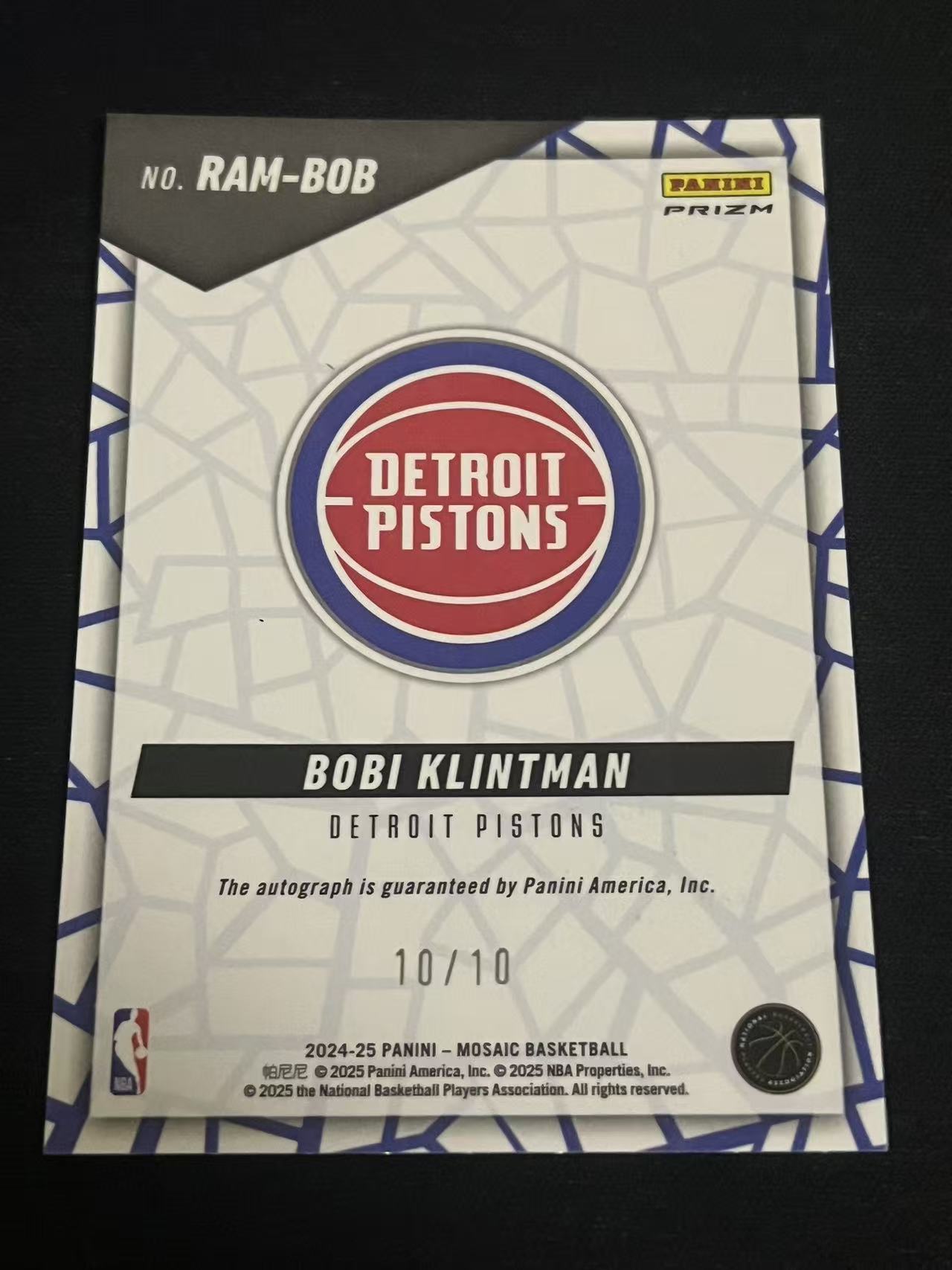 2024-25 Panini Mosaic Bobi Klintman RC 活塞 博比-克林特曼 新秀 金暴裂纹 签字 10/10编