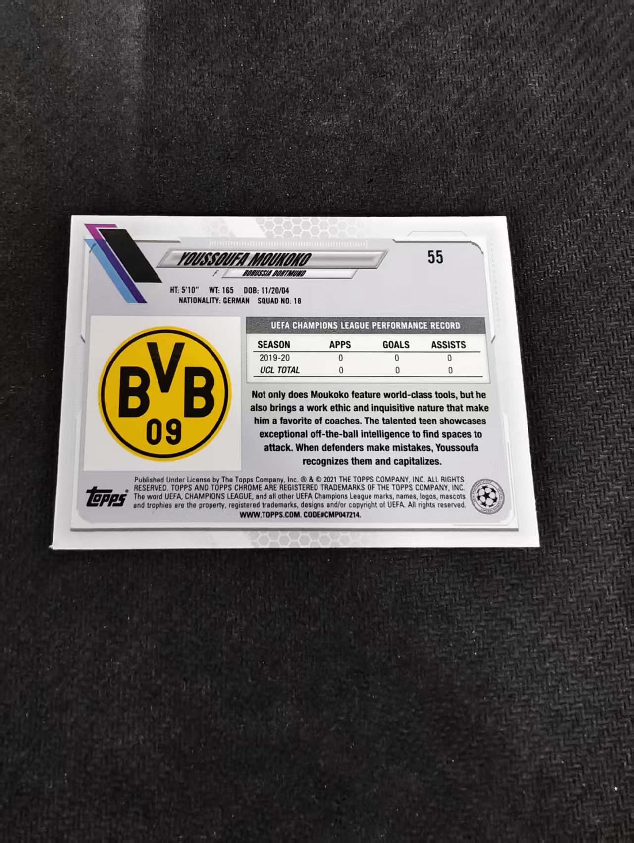 【可合并,不累计】2021 Topps Chrome Youssoufa Moukoko 穆科科 多特蒙德 RC 新秀 欧冠 蓝宝石 蓝碎冰 #55 划痕 边角瑕疵