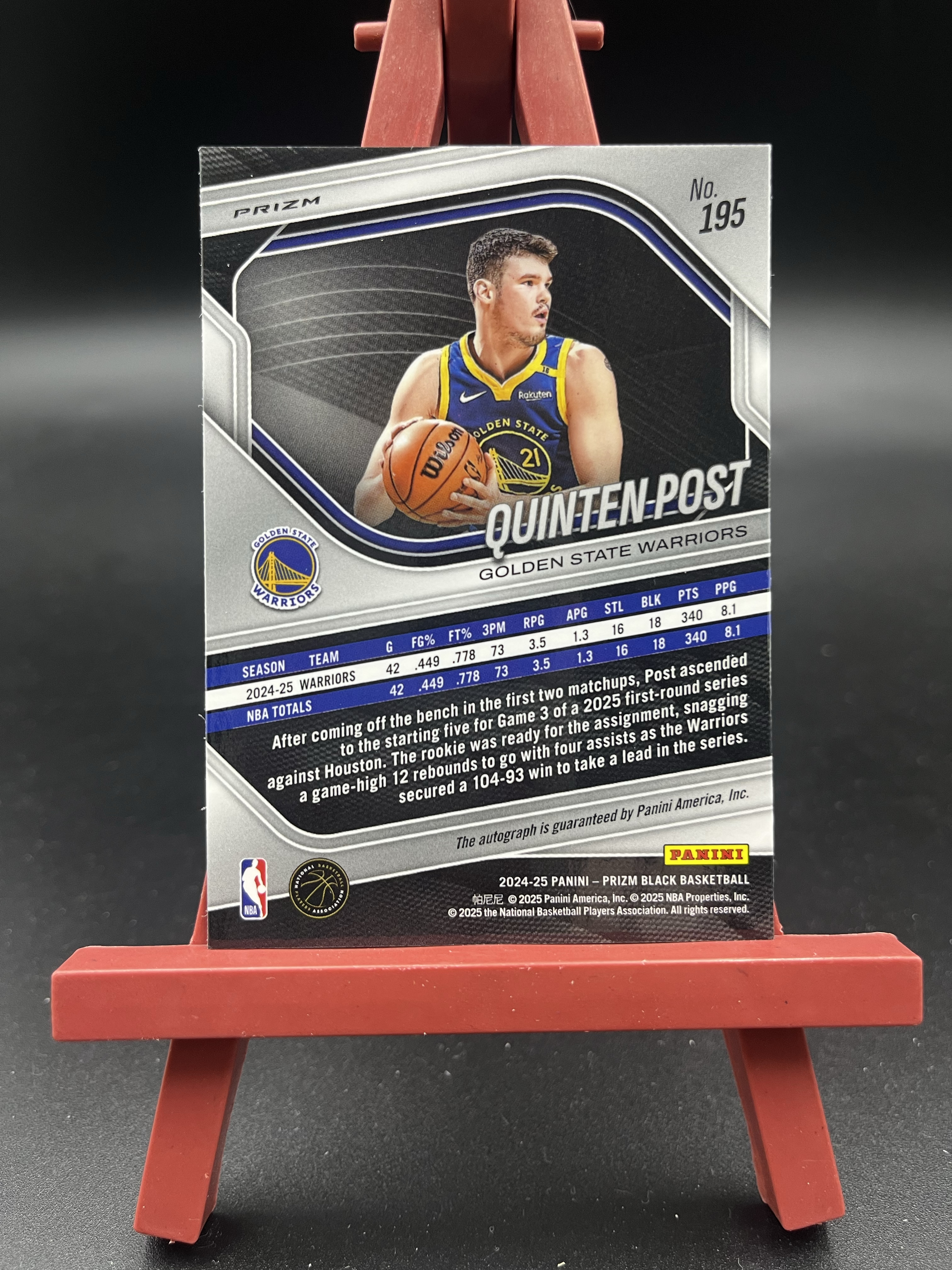 2024-25 Panini Prizm Black Quinten Post 勇士 昆滕 波斯特 新秀RC 签字 银折 折射 卡品如图 16WZ