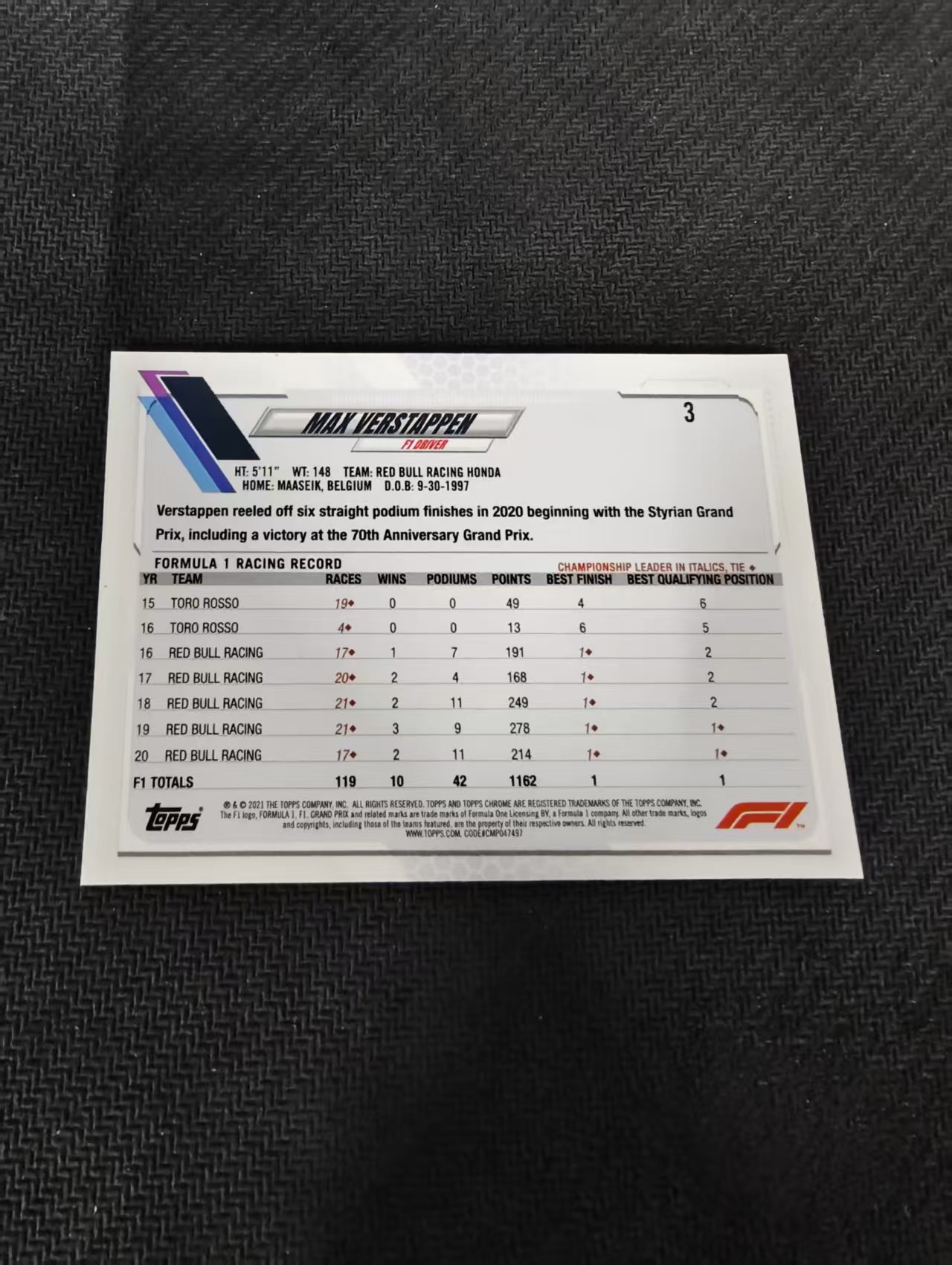 【可合并,不累计】2021 Topps Chrome Max Verstappen F1 维斯塔潘 红牛 划痕 边角瑕疵 #3