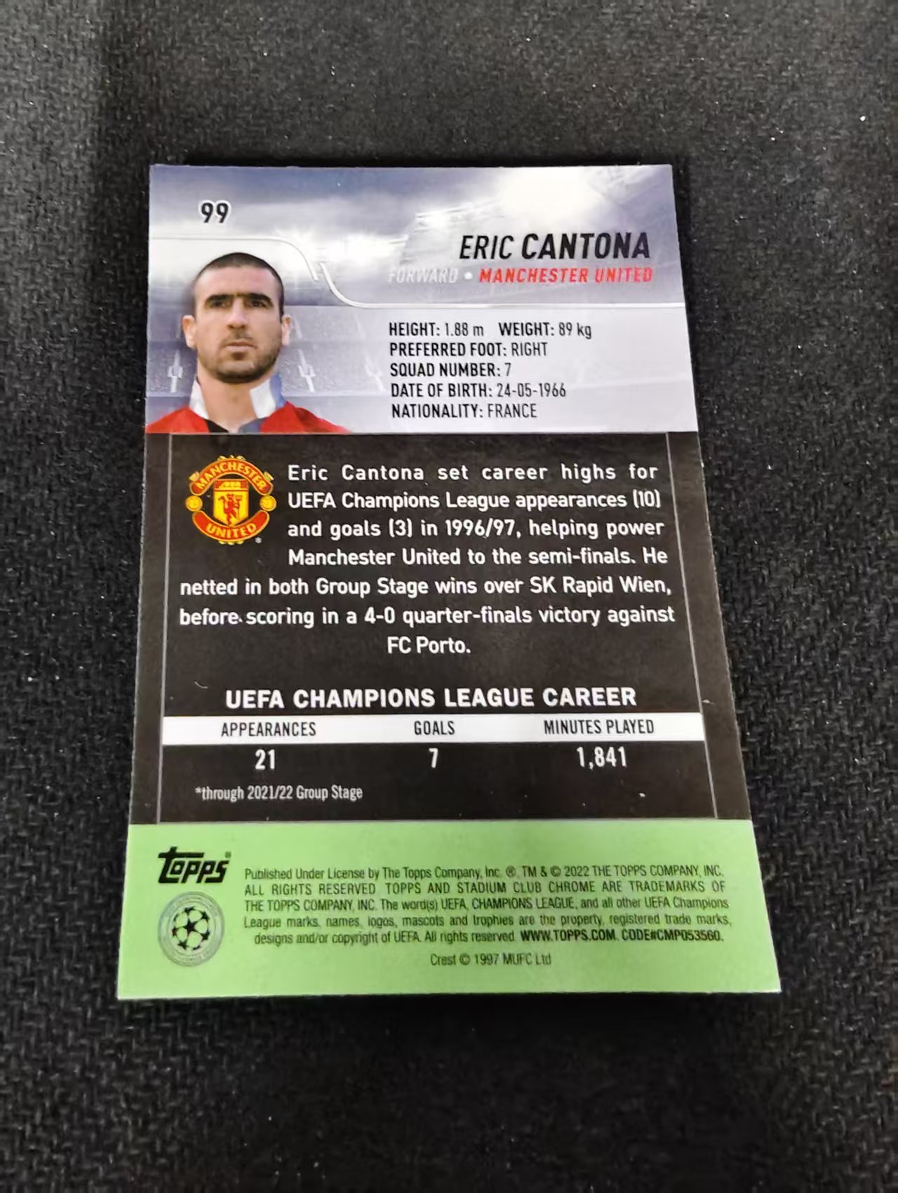 2022 Topps Stadium Club Chrome Eric Cantona 曼联 国王 埃里克 坎通纳 竞技场 欧冠 划痕 边角瑕疵 #99