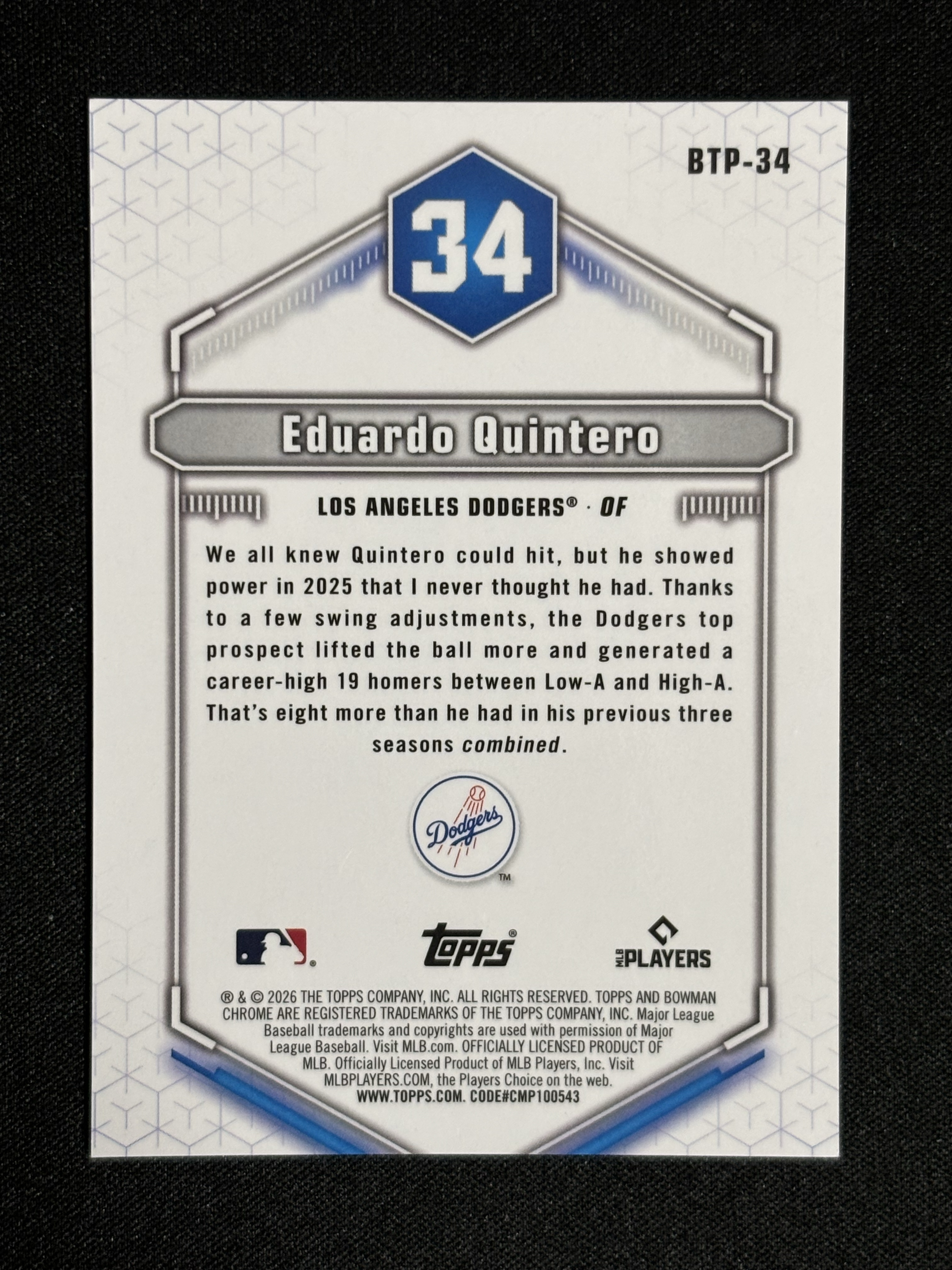 2026 Topps Bowman Eduardo Quintero 棒球MLB 洛杉矶道奇 爱德华多 昆特罗 Scouts Top100特卡 金折 06/50编 卡品如图 - sj