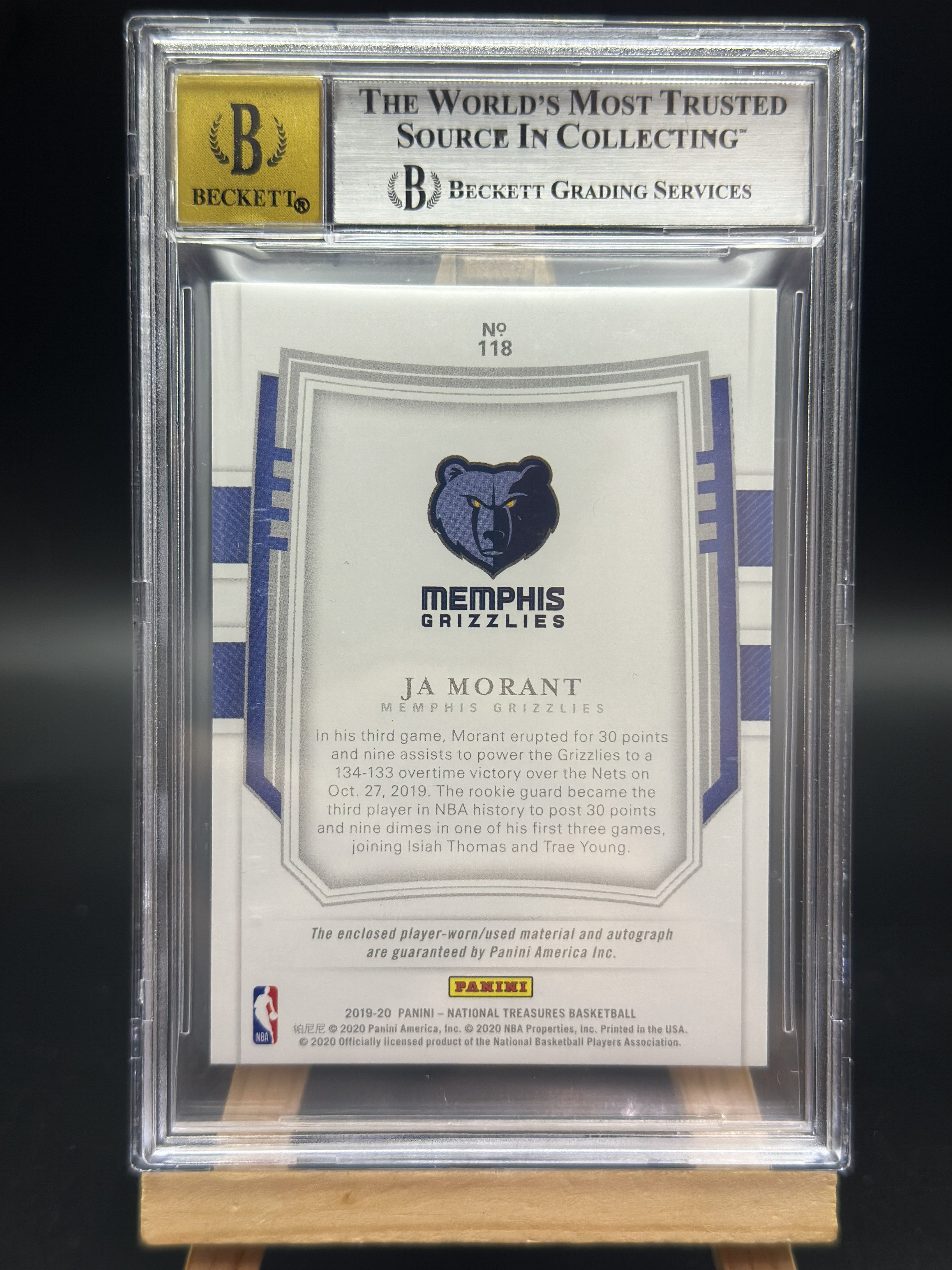 2019-20 Panini National Treasures Ja Morant RC 新秀 国宝 灰熊 贾莫兰特 10/10编 尾编 金平行 正RPA 暴力Patch GU亲穿 卡签 签字 BGS8.5/10 金标评级卡 系列Hit