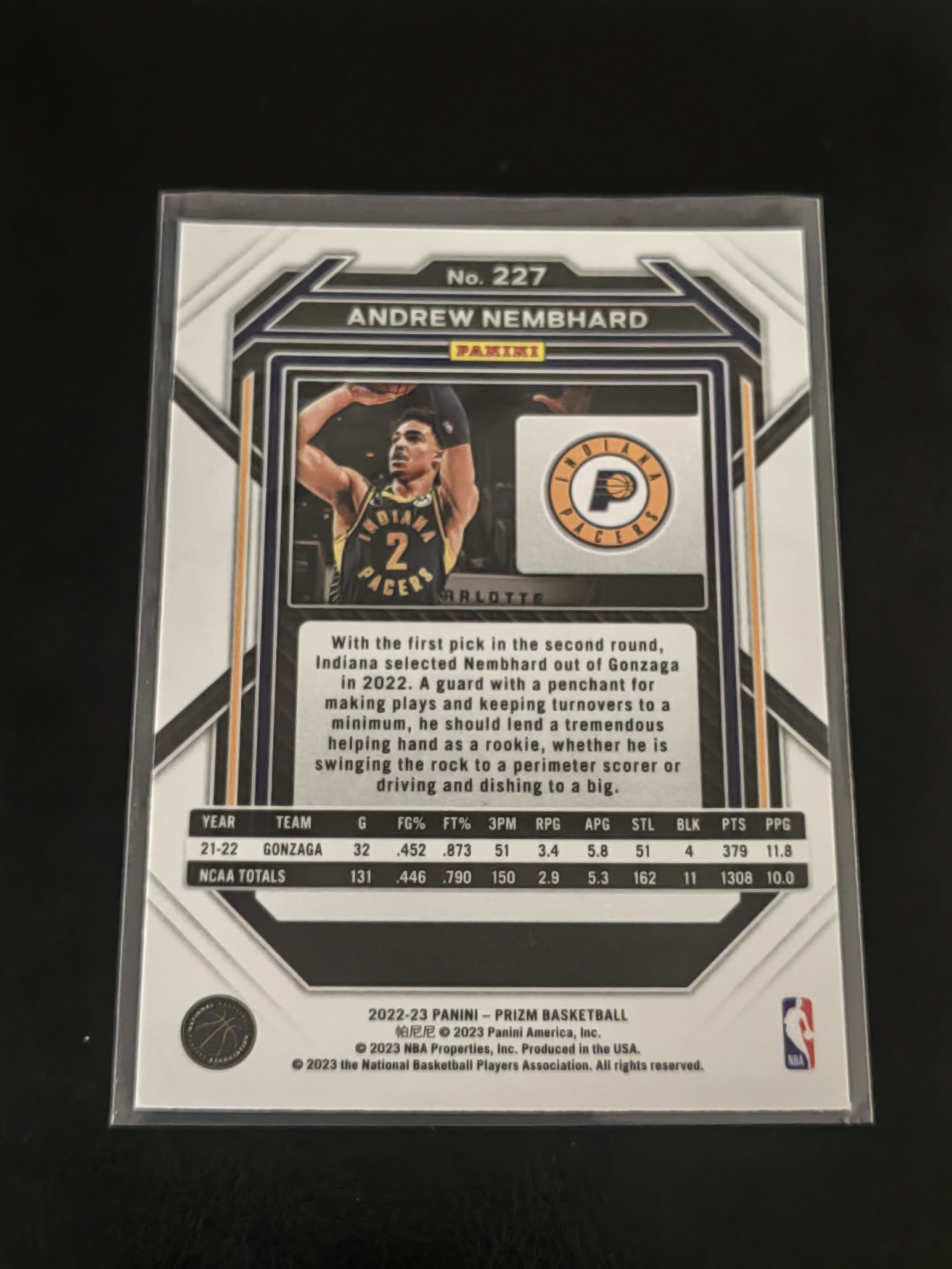 2022-23 Panini Prizm Andrew Nembhard RC PZ 安德鲁·内姆哈德 新秀 步行者 第一张 篮 白边白角 不保卡品 卡品如图