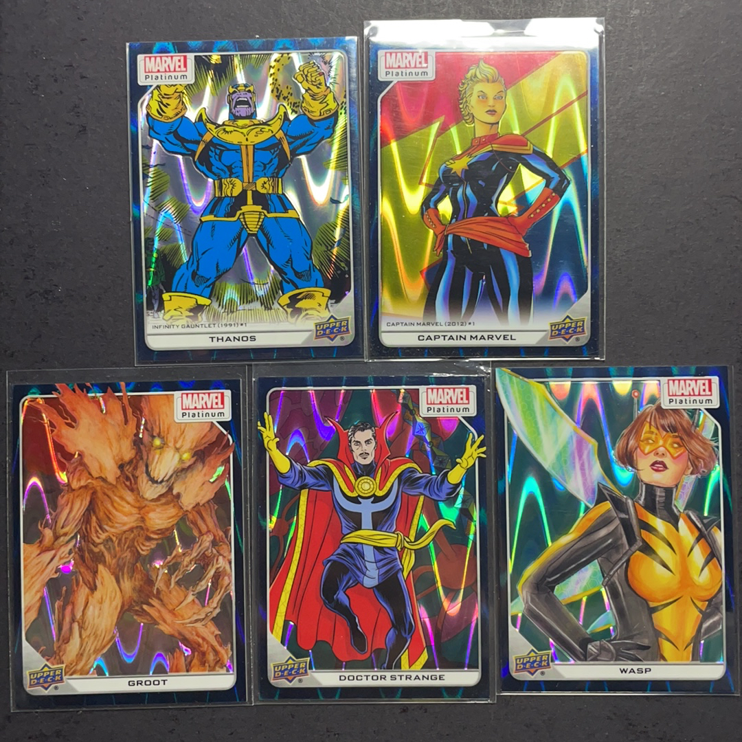 2025 Upper Deck Marvel (MCU) Platinum白金 灭霸 惊奇队长 奇异博士 格鲁特 黄蜂女 青波纹折射799编5张打包 序号如图2 2024 UD漫威漫画铂金 UD折射