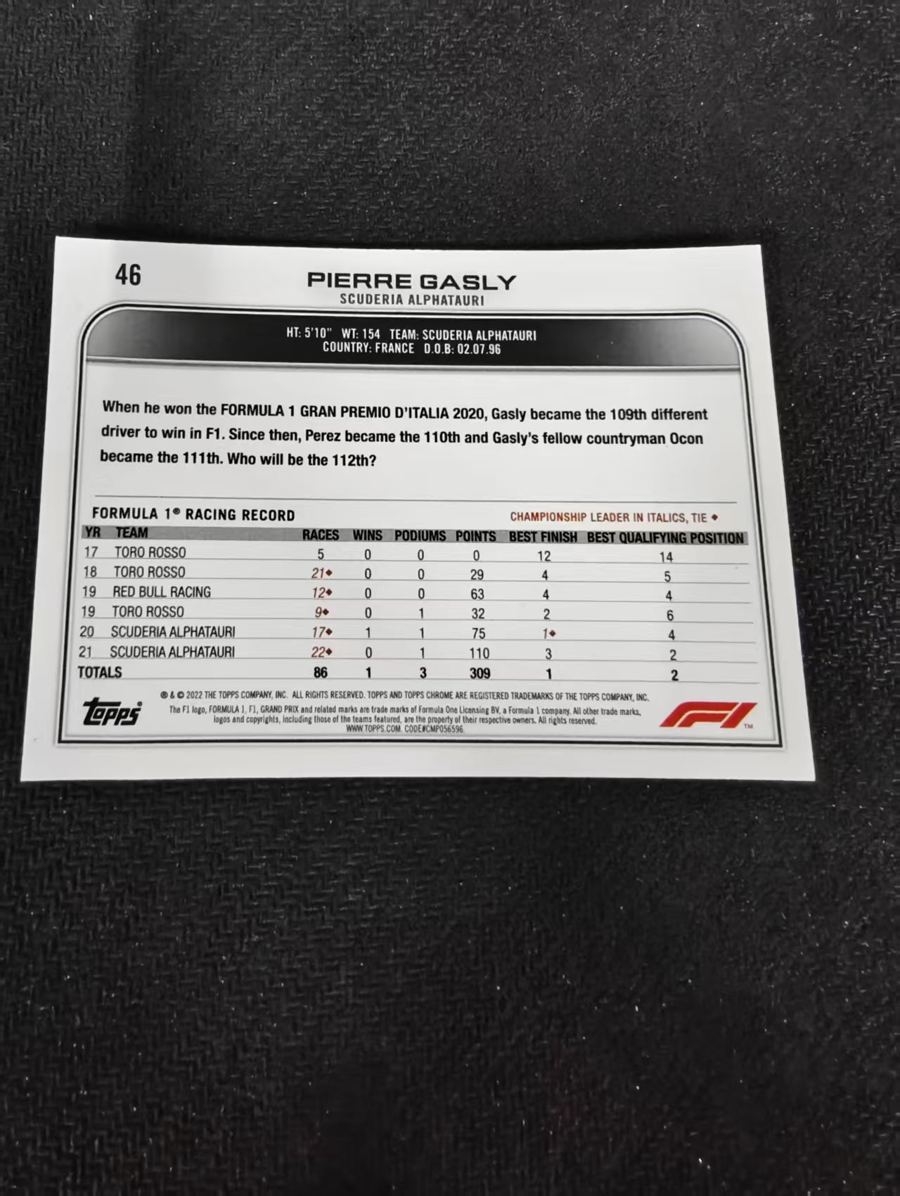 2022 Topps Chrome F1 Pierre Gasly 皮埃尔 加斯利 小红牛 划痕 边角瑕疵 #46