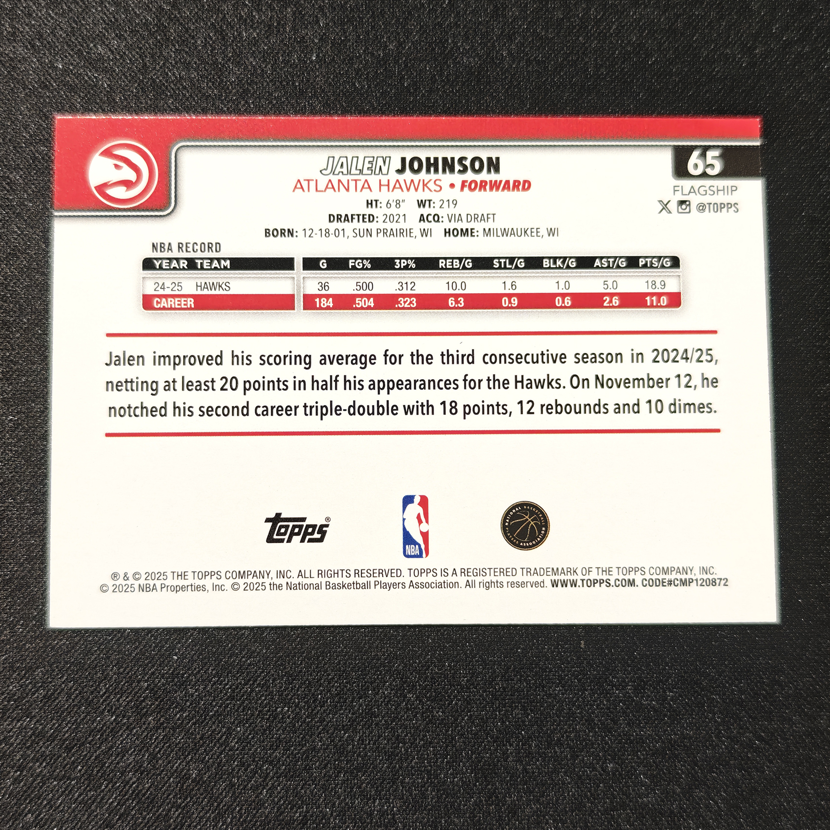 2025 Topps flagship Jalen Johnson 旗舰 老鹰 杰伦 约翰逊 铜平行 /2025编 专收必备 【立抖2