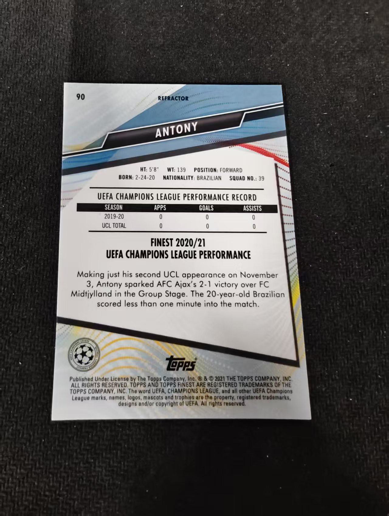 【可合并,不累计】2021 Topps Finest Antony RC 阿贾克斯 安东尼 新秀 欧冠 银折 划痕 边角瑕疵 #90