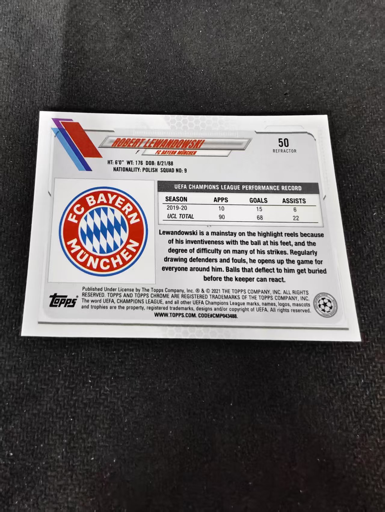 【可合并,不累计】2021 Topps Chrome Robert Lewandowski 拜仁 莱万多夫斯基 欧冠 银折 划痕 边角瑕疵 #50