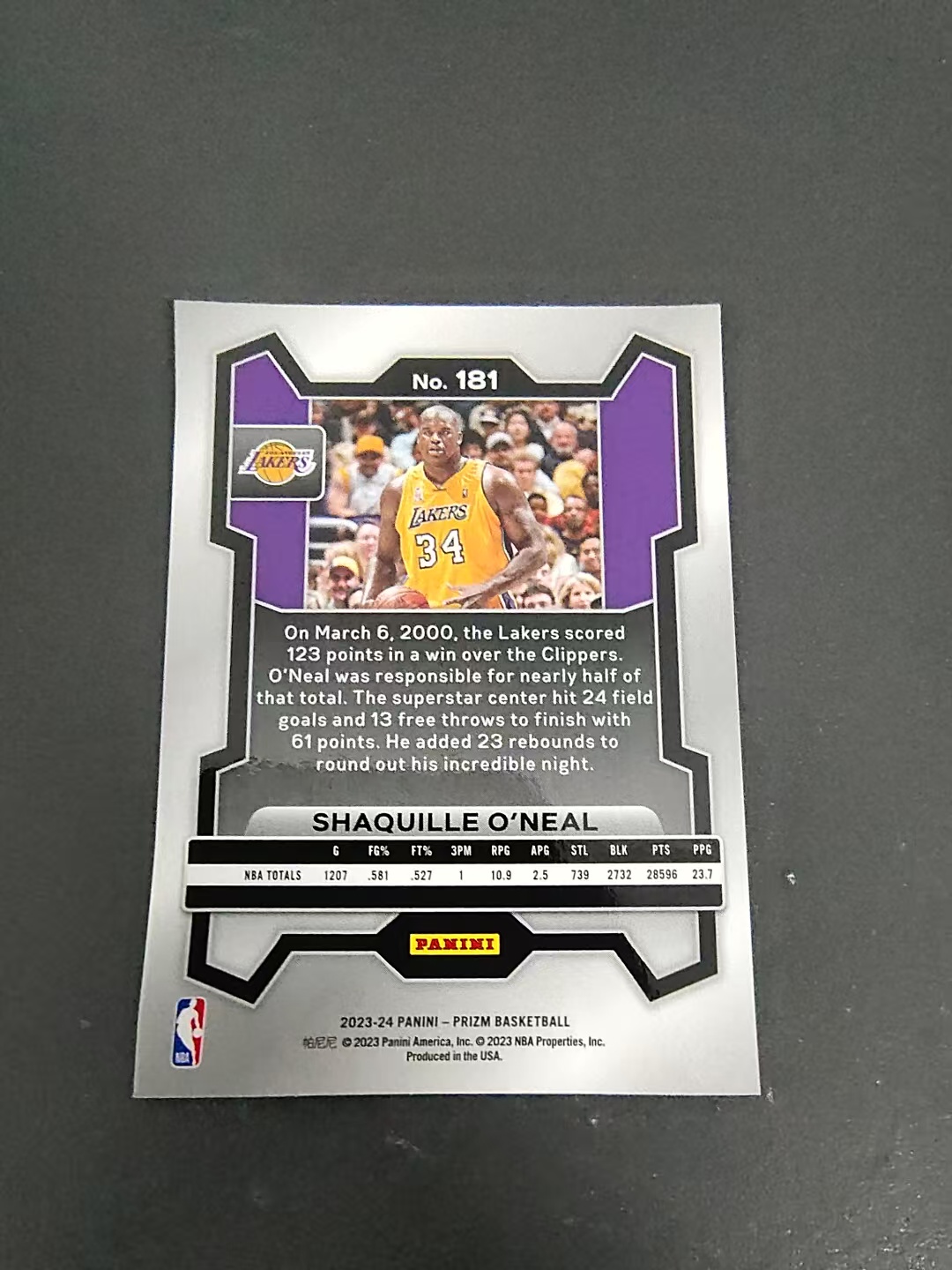【可合并,不累计】2023-24 Panini Prizm Shaquille O'Neal 沙奎尔 奥尼尔 大鲨鱼 湖人 PZ 划痕 边角微瑕 #181