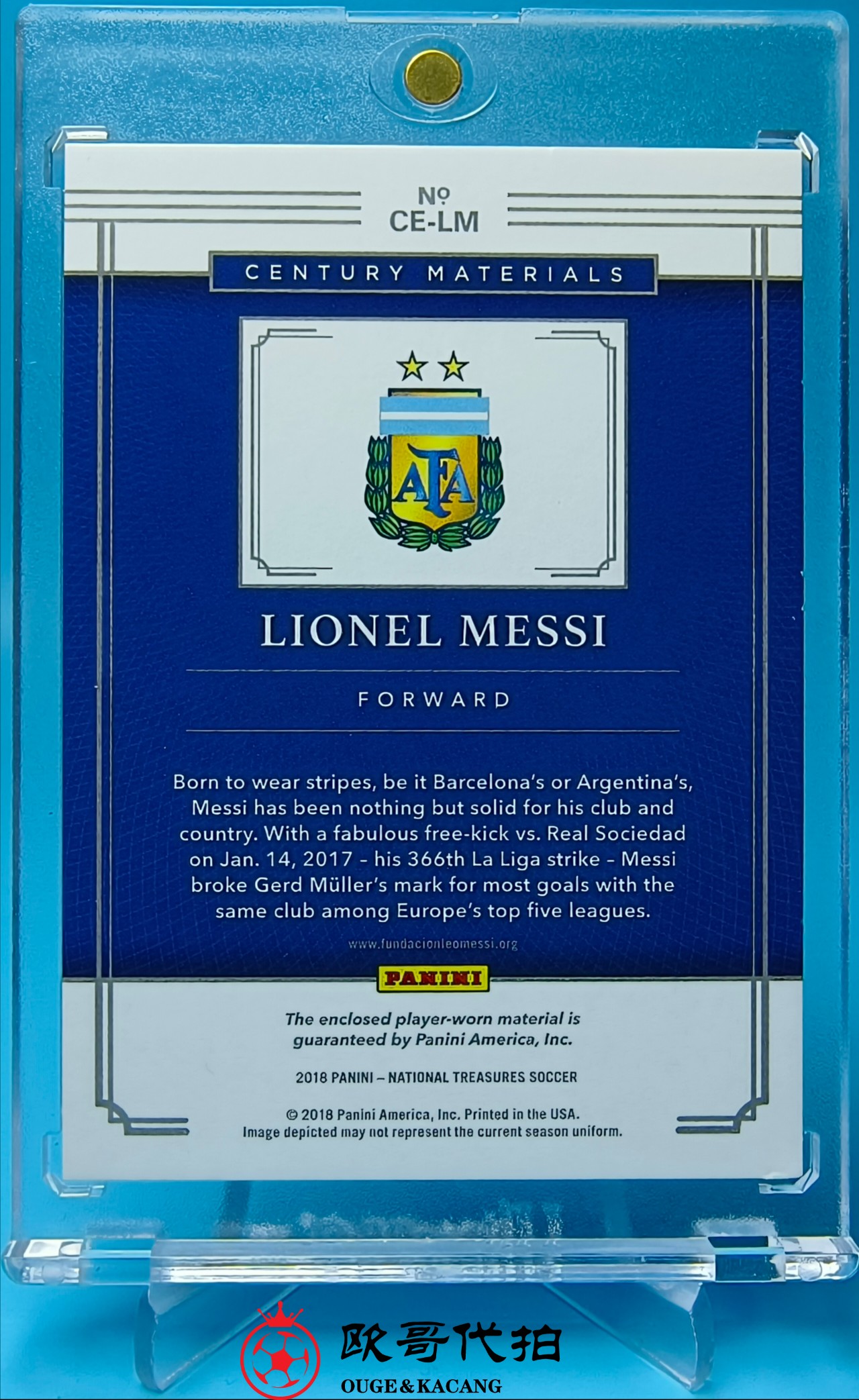 2018 Panini National Treasures Lionel Messi 【欧哥代拍】可预付50%--国宝元年 阿根廷球王 梅西 99编球衣切割实物卡 品见后图 巴萨 砖为展示 GLV13