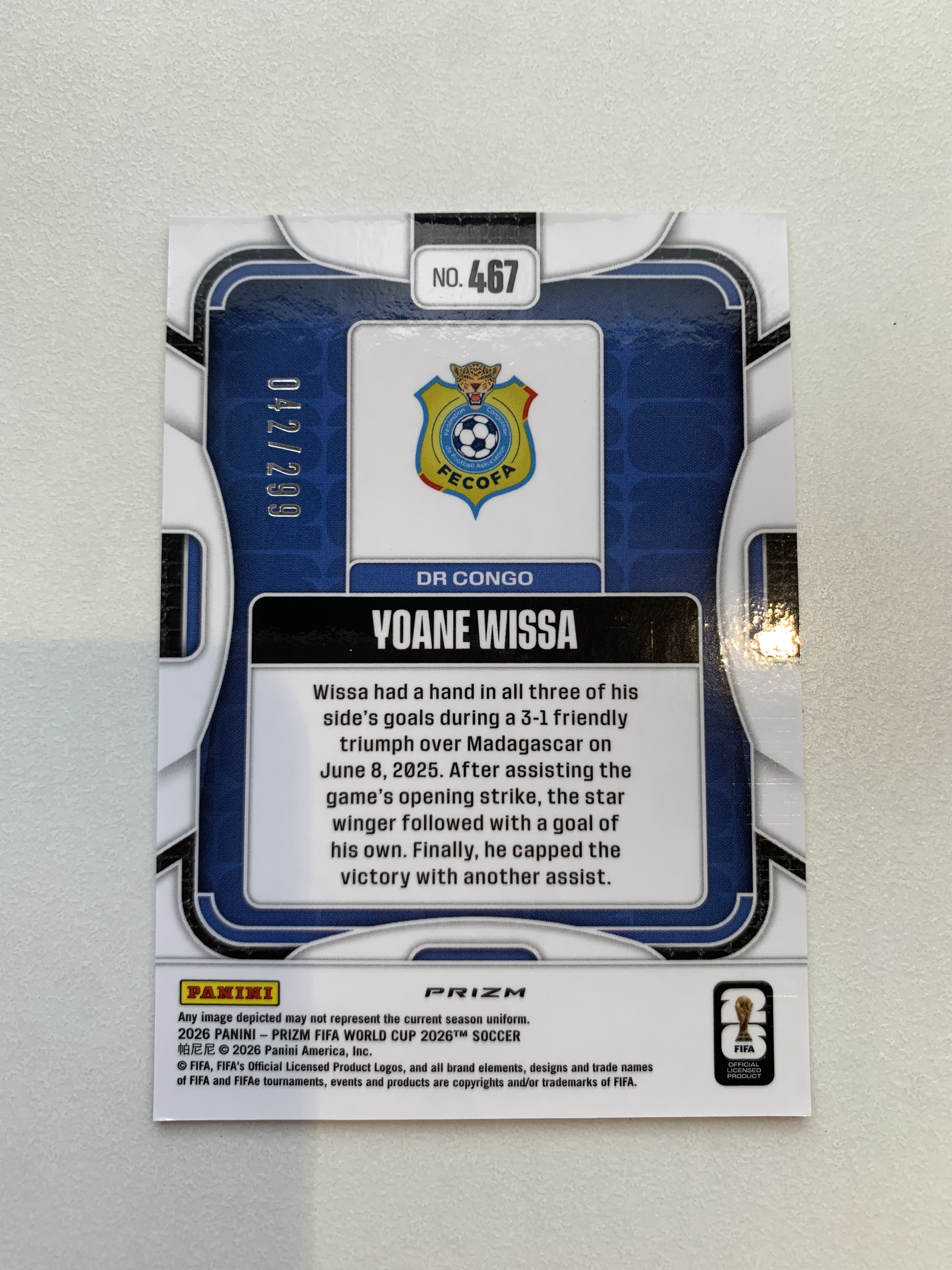 2026 Panini Prizm Fifa World Cup 世界杯pz Yoane Wissa 刚果 维萨 299编 紫脉冲折 op