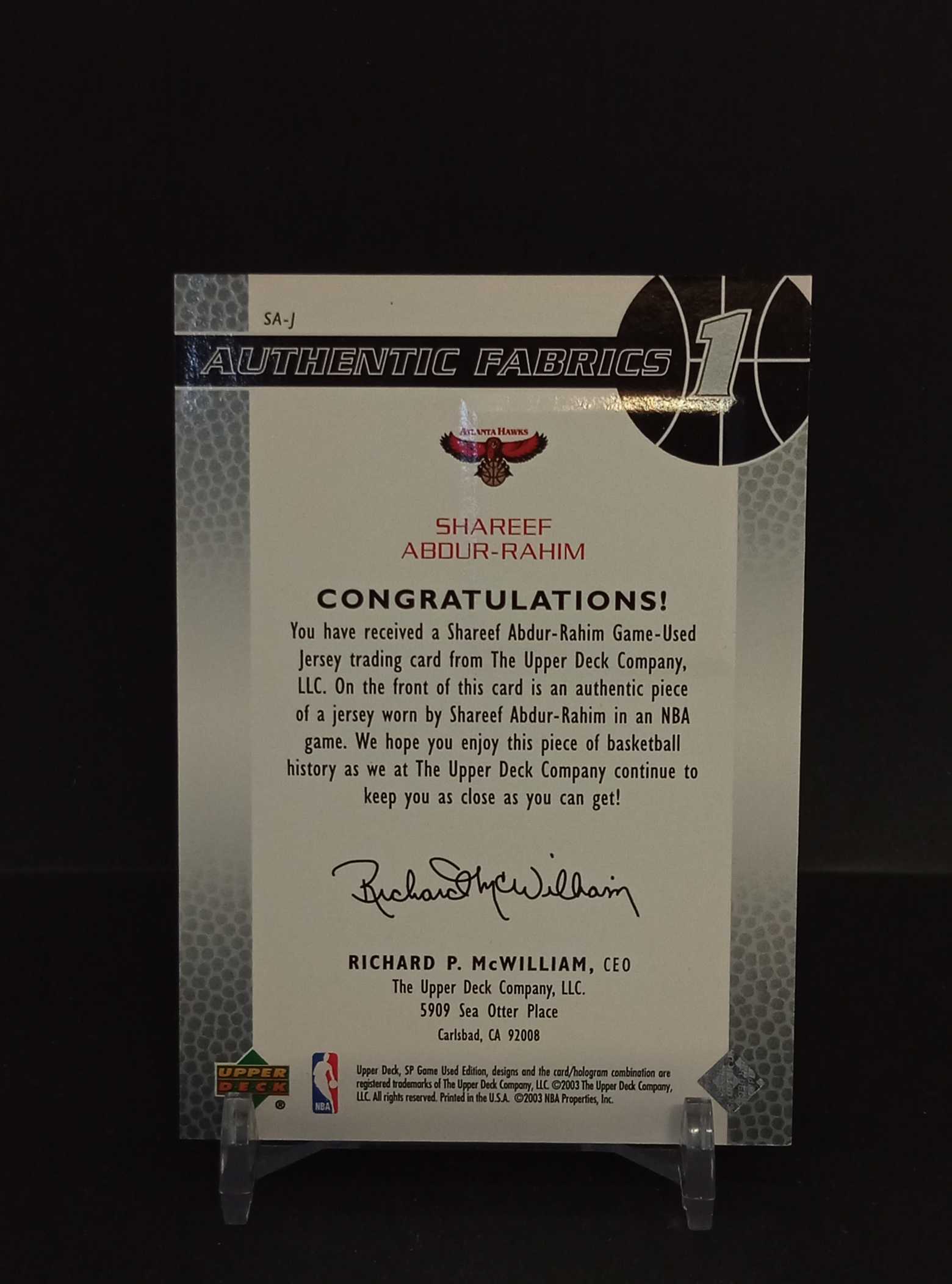 【DC拍卖】7.20CR7 03-04 Upper Deck SP Game Used Authentic Fabrics Shareef Abdur-Rahim 谢里夫阿卜杜拉希姆 老鹰比赛球衣实