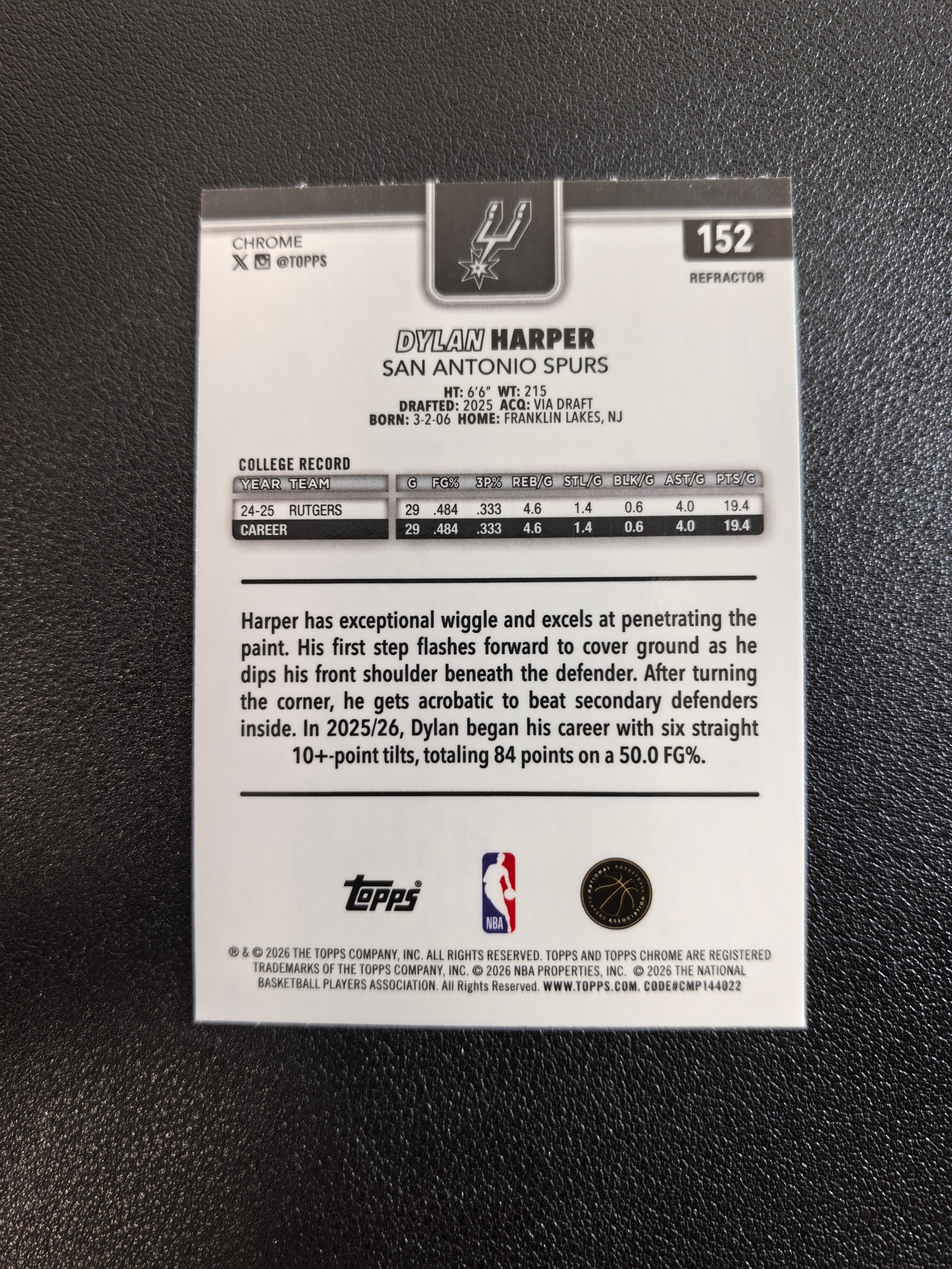 2025-26 Topps Chrome Update Dylan Harper RC 马刺 迪伦哈珀 新秀 base 银折 折射 实卡精美 卡品如图 七哥