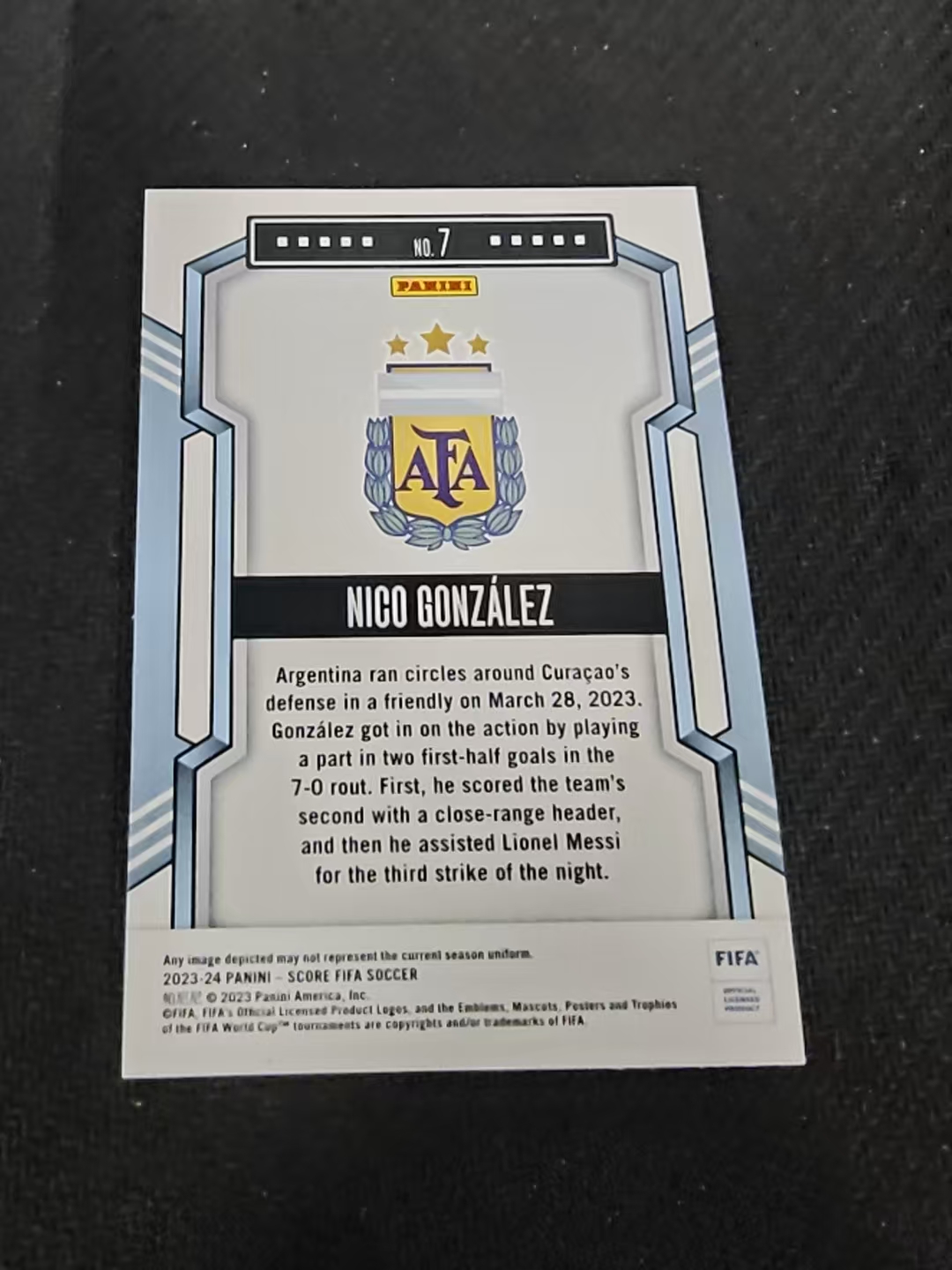 【可合并,不累计】2023-24 Panini Score nico gonzalez 尼古拉斯 冈萨雷斯 阿根廷 FIFA 划痕 边角瑕疵 #7