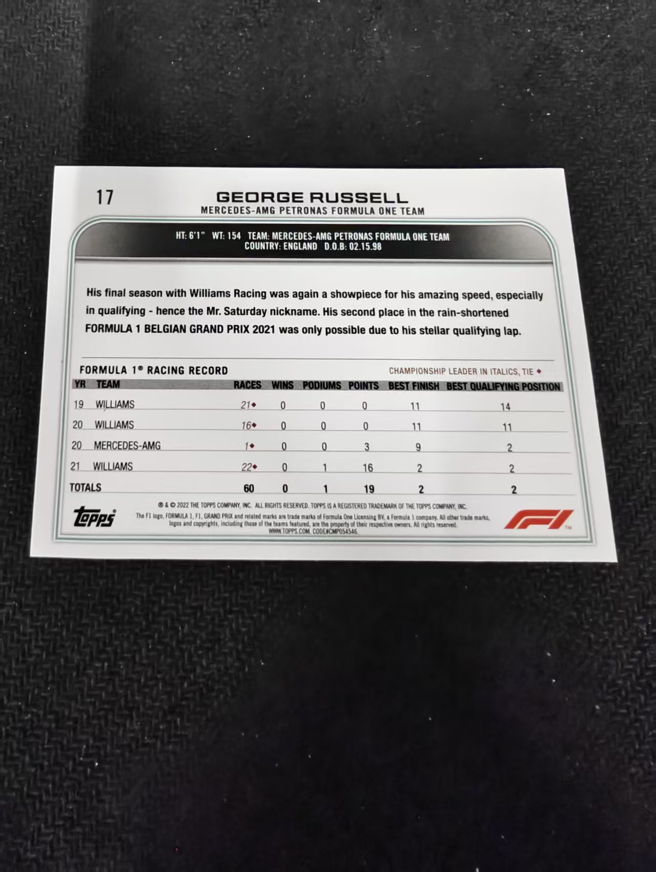 2022 Topps Chrome F1 George Russell 乔治 拉塞尔 梅奔 划痕 边角瑕疵@17