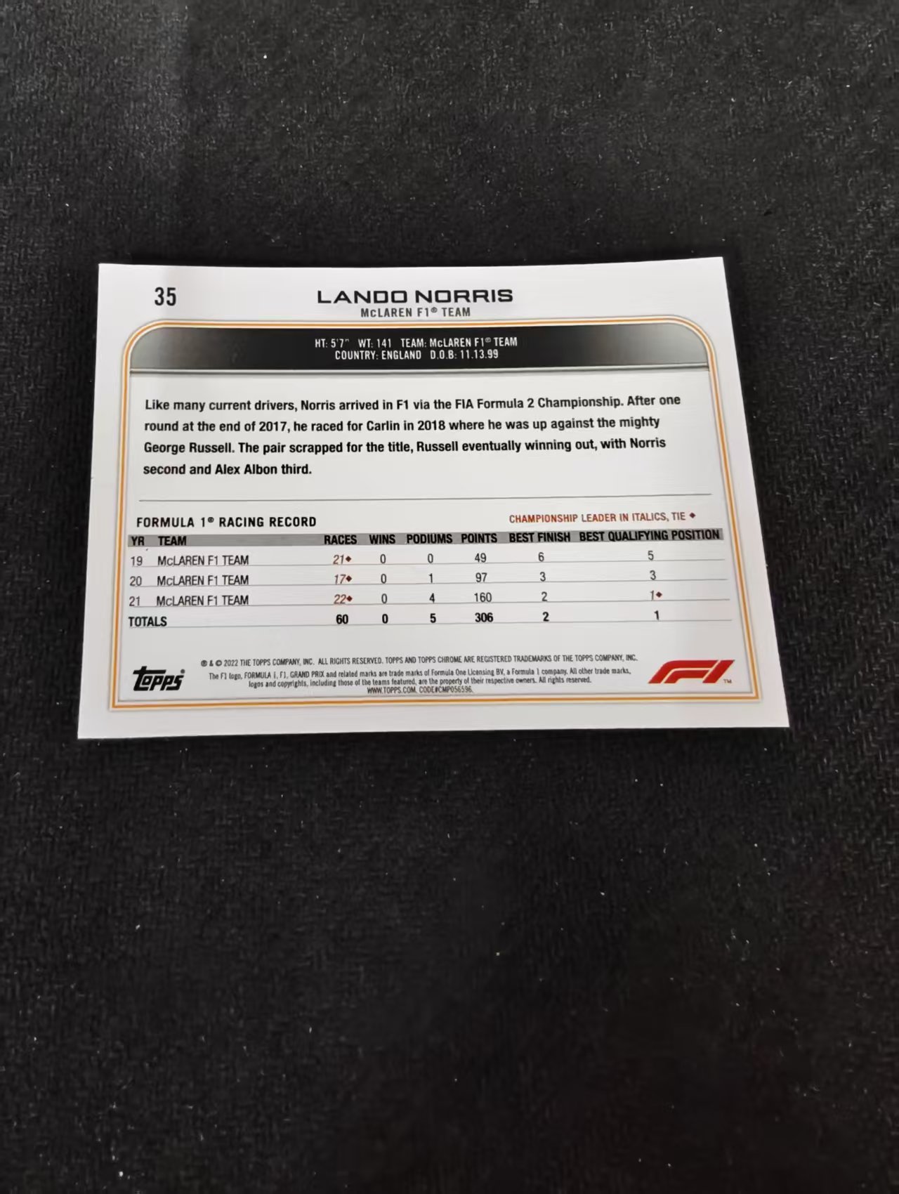 2022 Topps Chrome F1 Lando Norris 兰多 诺里斯 迈凯伦车队 划痕 边角瑕疵 #35