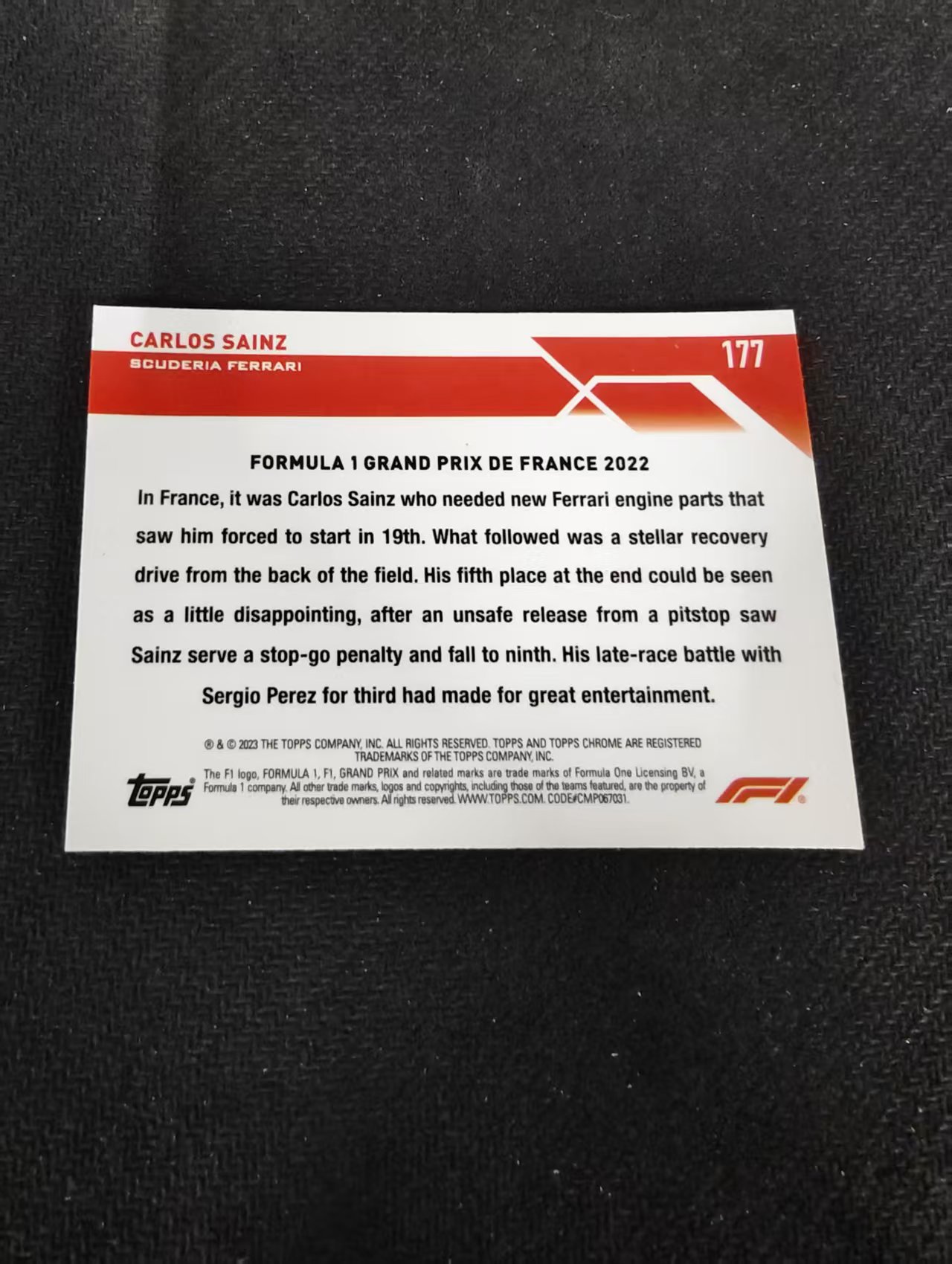 2023 Topps Chrome F1 Carlos Sainz 卡洛斯 赛恩斯 法拉利车队 划痕 边角瑕疵 #177