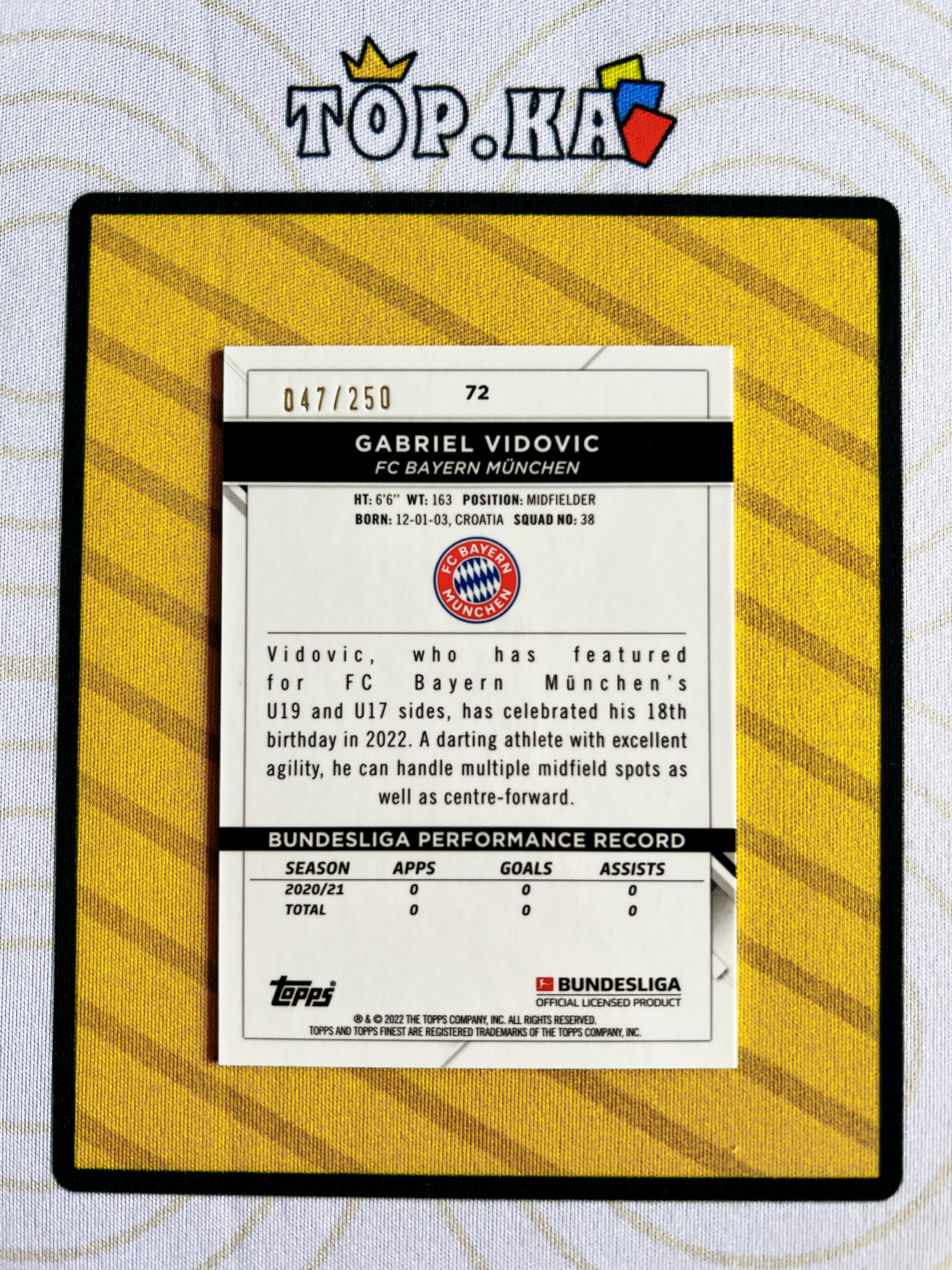 【顶尖卡社】 2022 topps finest 德甲 Gabriel Vidovic 加布里埃尔 维多维奇 拜仁 紫波纹折 /250编 RC新秀 详情看描述 卡品如图【LIUN】