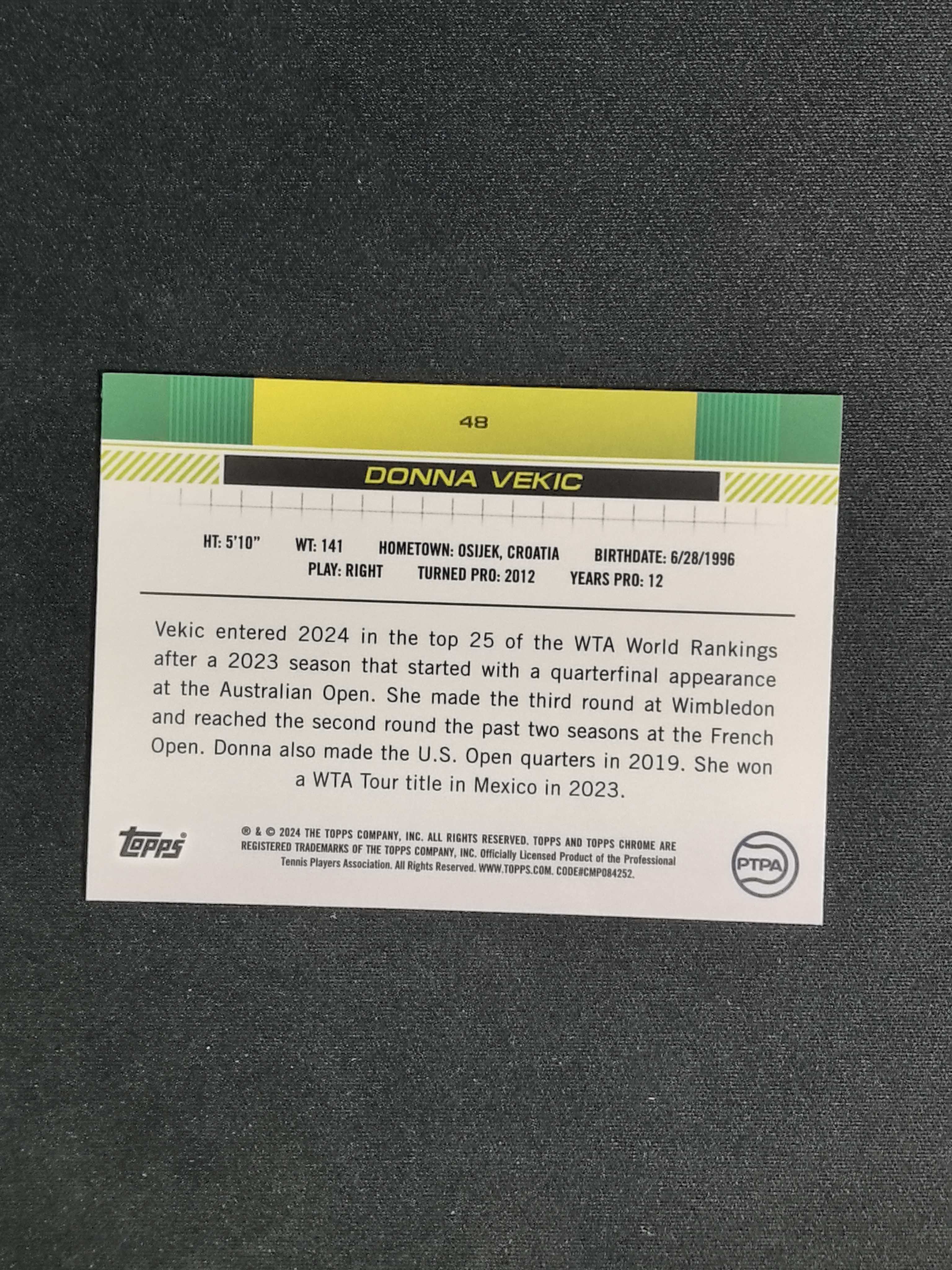2024 Topps Chrome Donna Vekic TC网球 多娜 维基奇 299编 1st 首秀 荧光黄折 卡品如图【CYT球星卡】