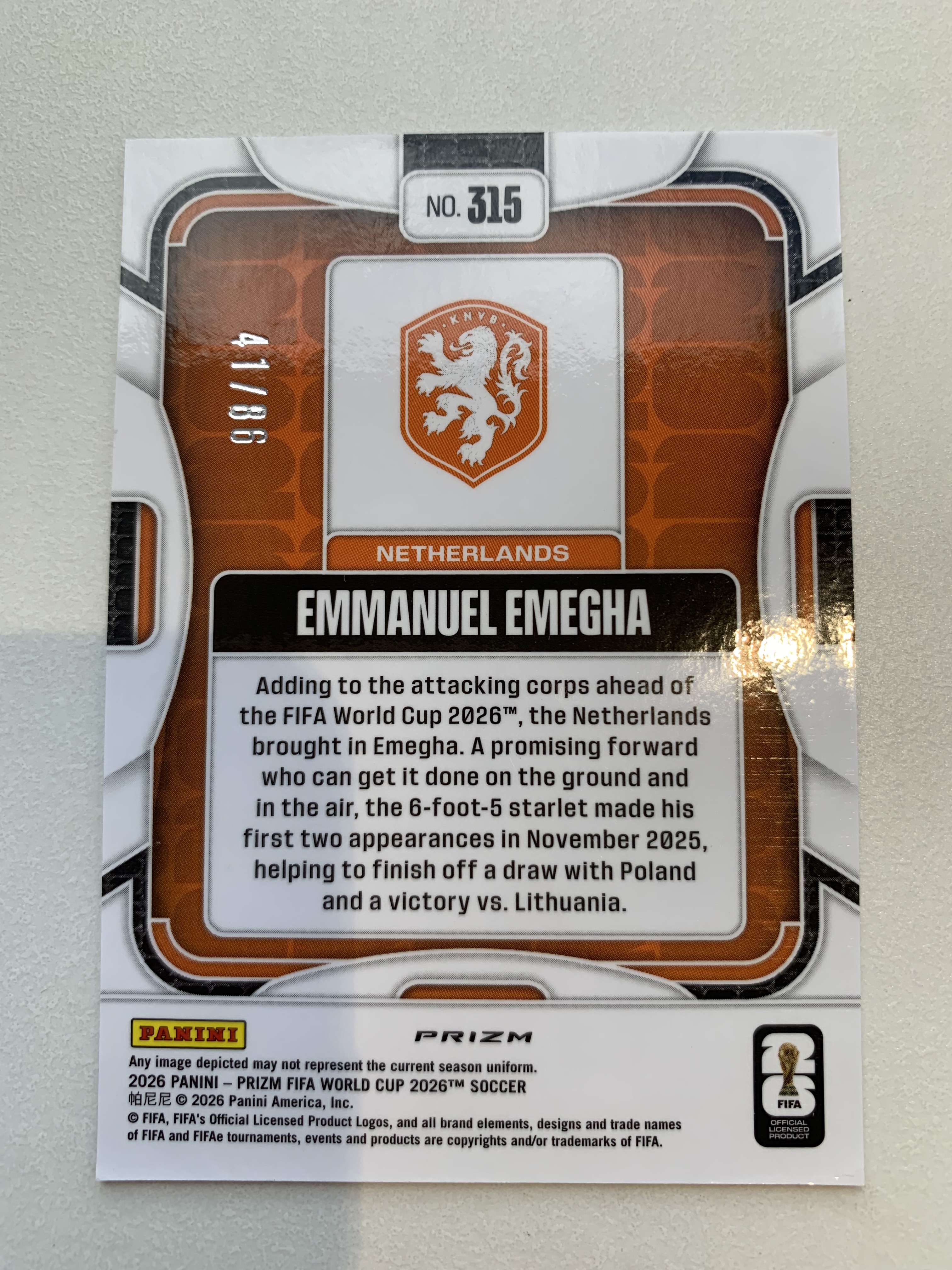 2026 Panini Prizm Fifa World Cup 世界杯pz Emmanuel Emegha 伊曼纽尔 埃梅加 枫叶折 Maple Leaf 86编 荷兰 op
