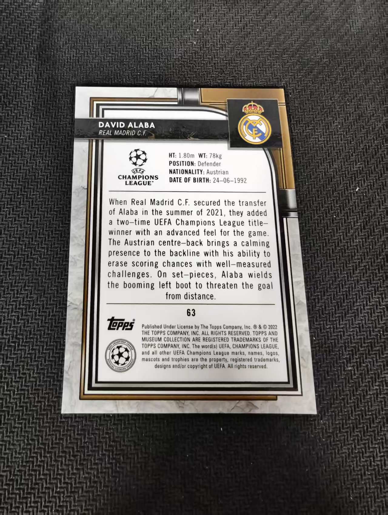 【可合并,不累计】2022 Topps Museum David Alaba 欧冠 博物馆 大卫 阿拉巴 皇马 边角瑕疵