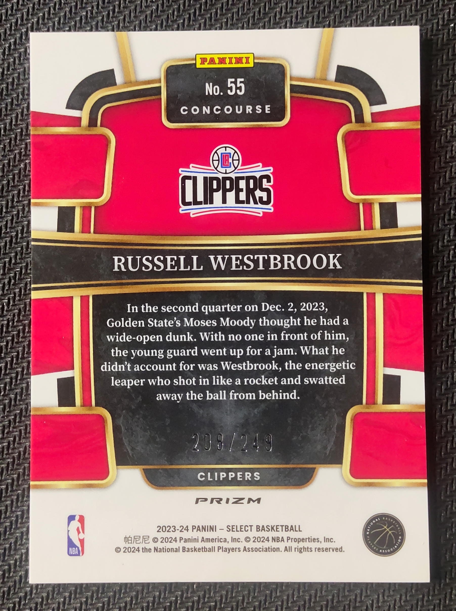 2023-24 Panini Select Russell Westbrook 拉塞尔 威斯布鲁克 快船 威少 一级 蓝圈圈折 圈圈折 折射 208/249编