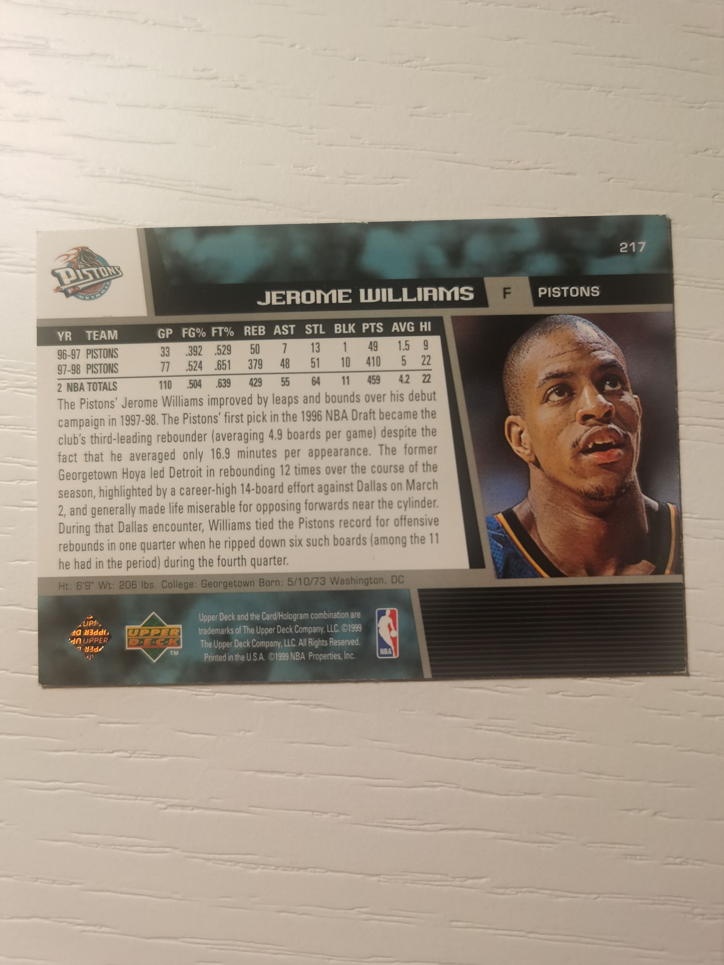 1998-99 Upper Deck Base Jerome Williams 1998-1999 杰罗姆-威廉姆斯 UD 银标 绰号垃圾狗 活塞 硬通货 极具收藏价值