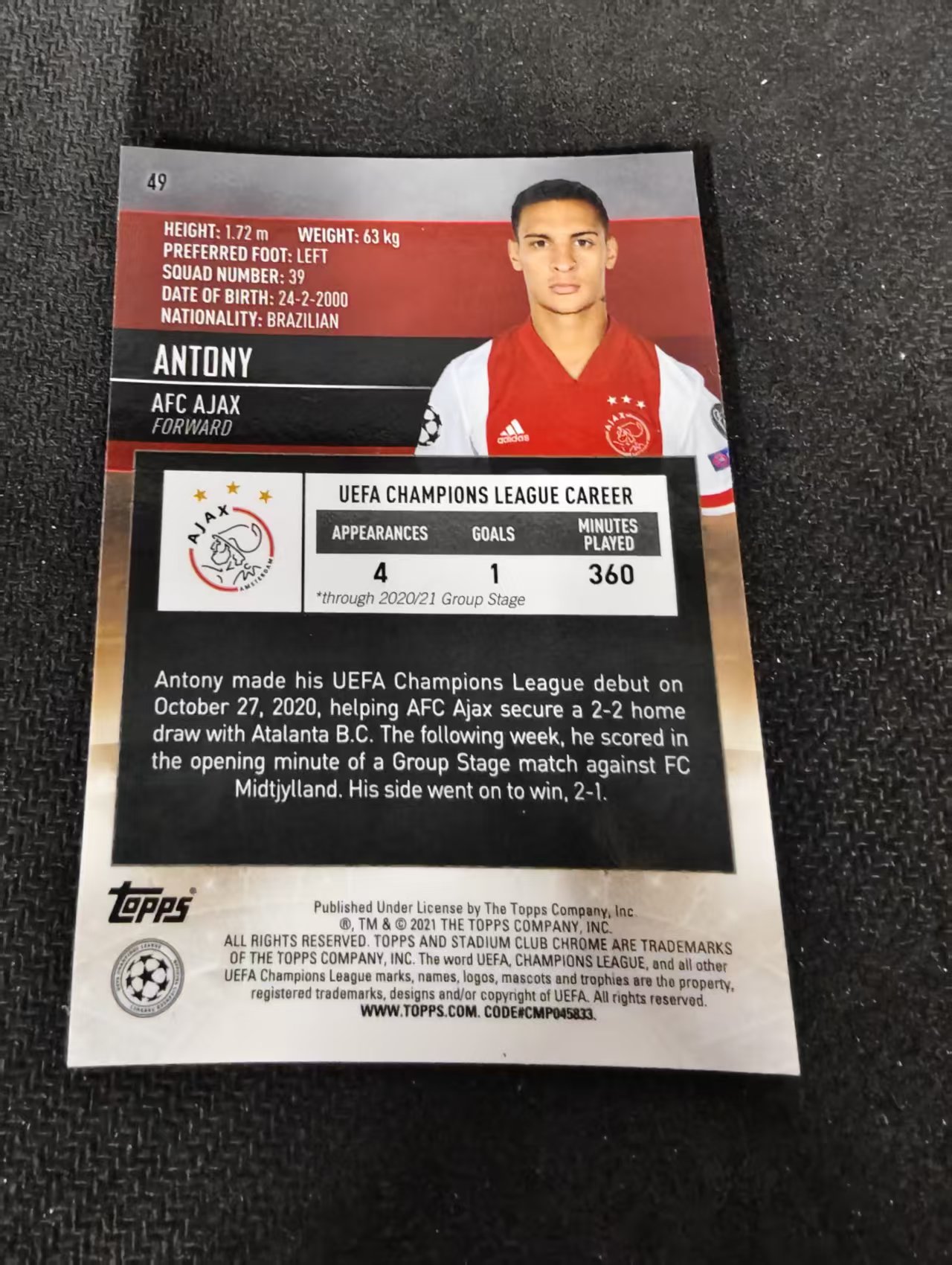 【可合并,不累计】2021 Topps Stadium Club Chrome Antony 阿贾克斯 安东尼 欧冠 竞技场 不保卡品 介意勿拍 #49