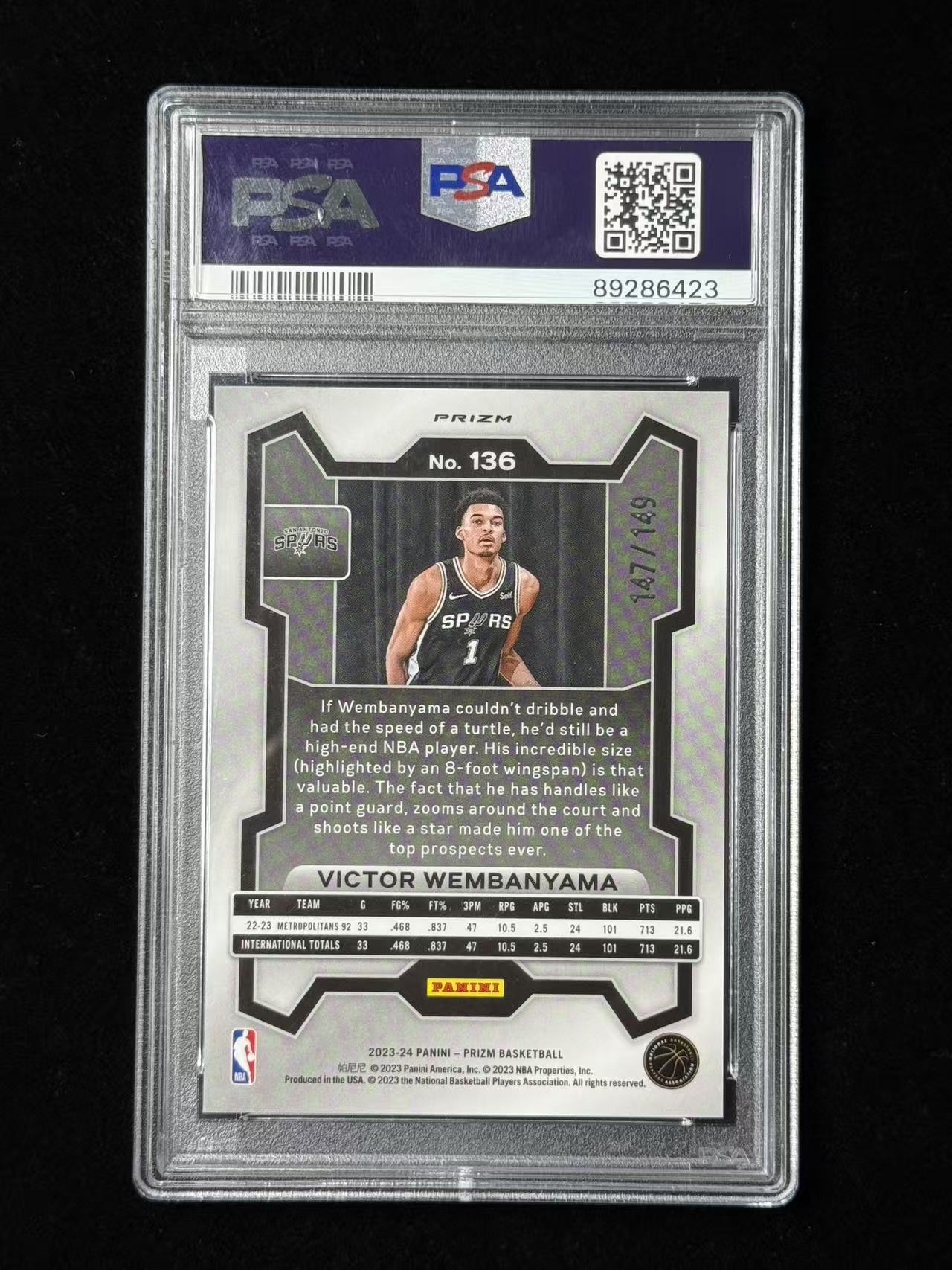 2023-24 Panini Prizm Victor Wembanyama 维克托文班亚马 新秀RC 马刺选图 PZ系列 149编 紫碎冰折 折射 特卡 PSA10分 #黑武士# 1933