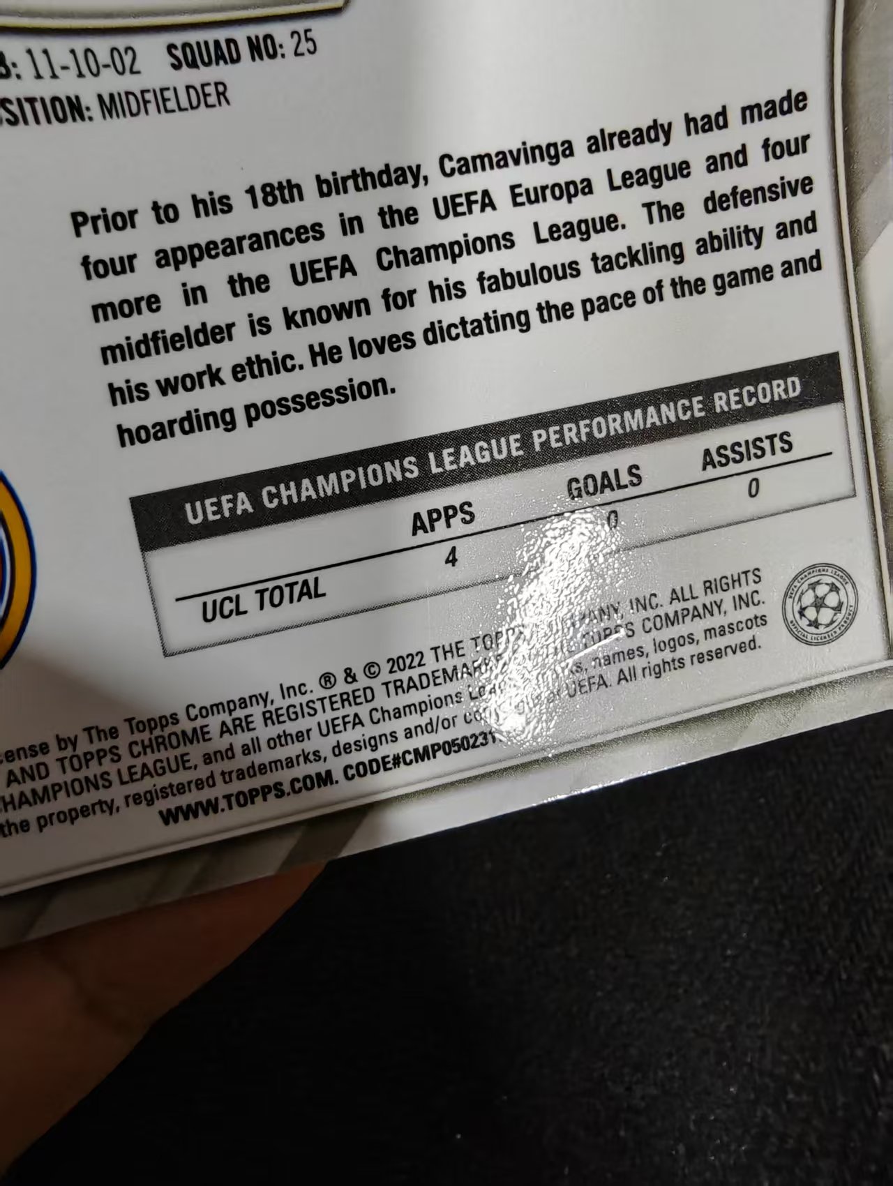 【可合并,不累计】2022 Topps Chrome Eduardo Camavinga 卡马文加 皇家马德里 银折 欧冠 划痕 边角瑕疵 #115