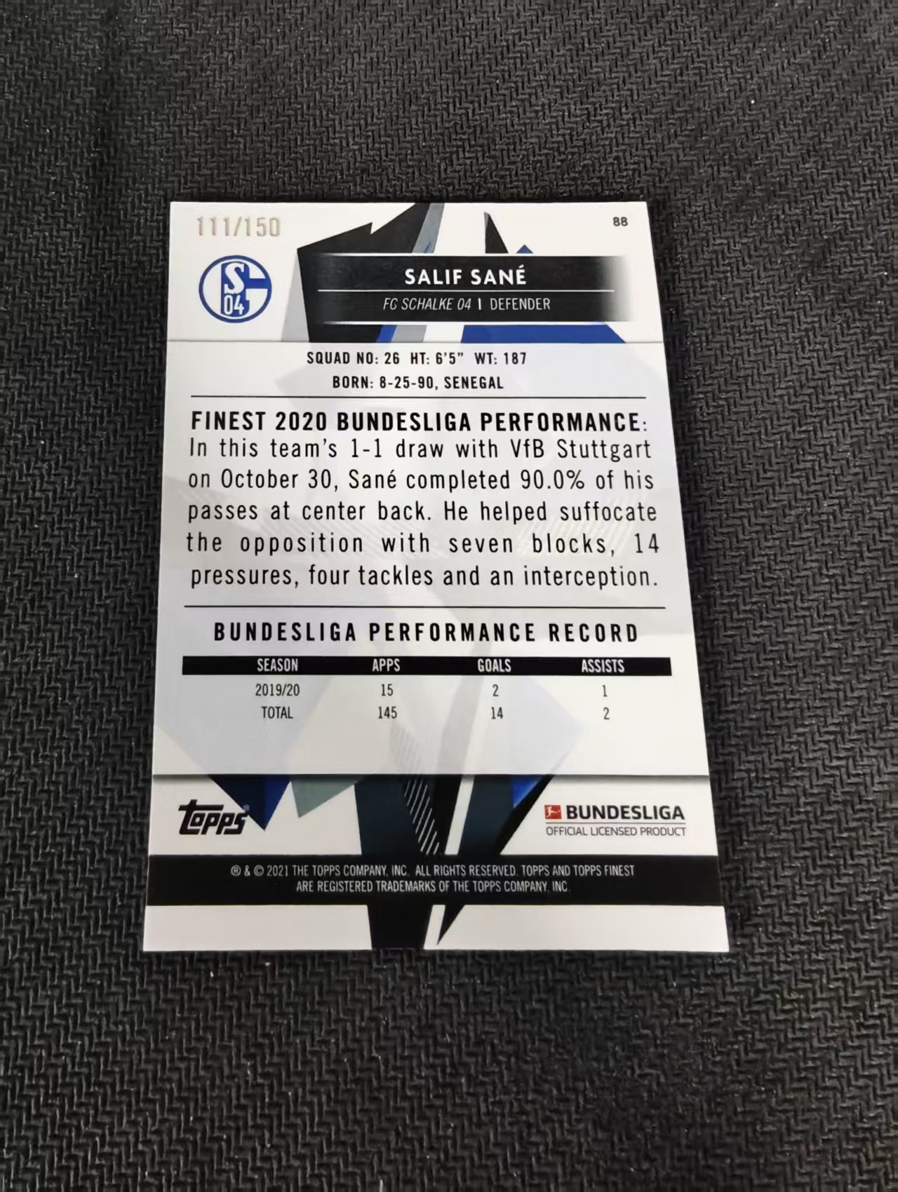 【可合并,不累计】2021 Topps finest 德甲 salif sane 沙尔克04 萨内 蓝折 150编 瑕疵如图