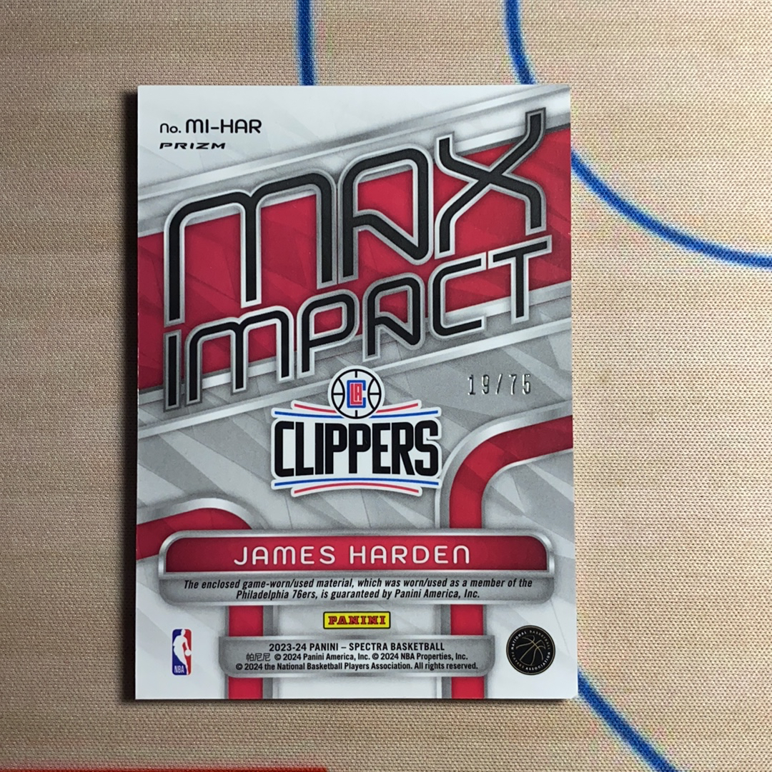 2023-24 Panini Spectra James Harden 詹姆斯 哈登 76人 火箭 快船 落场球衣切割 光谱 马赛克折 折射 物料 75编 卡品如图 凑套必备