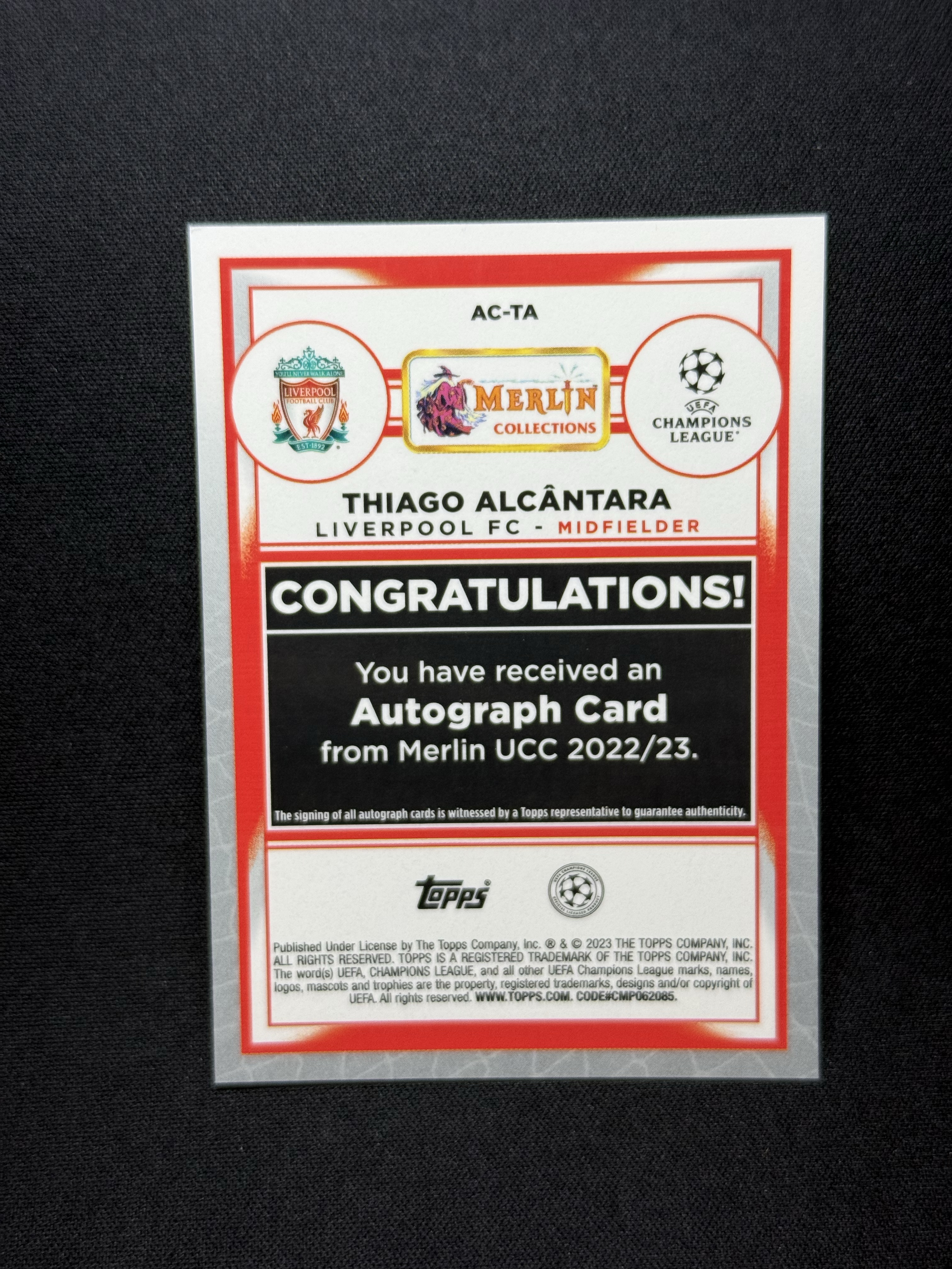 2022-23 Topps Merlin Thiago Alcantara 【小贝代拍】欧战 梅林 利物浦 蒂亚戈 银折 签字 瑕疵如图 拍前看描述 H EW
