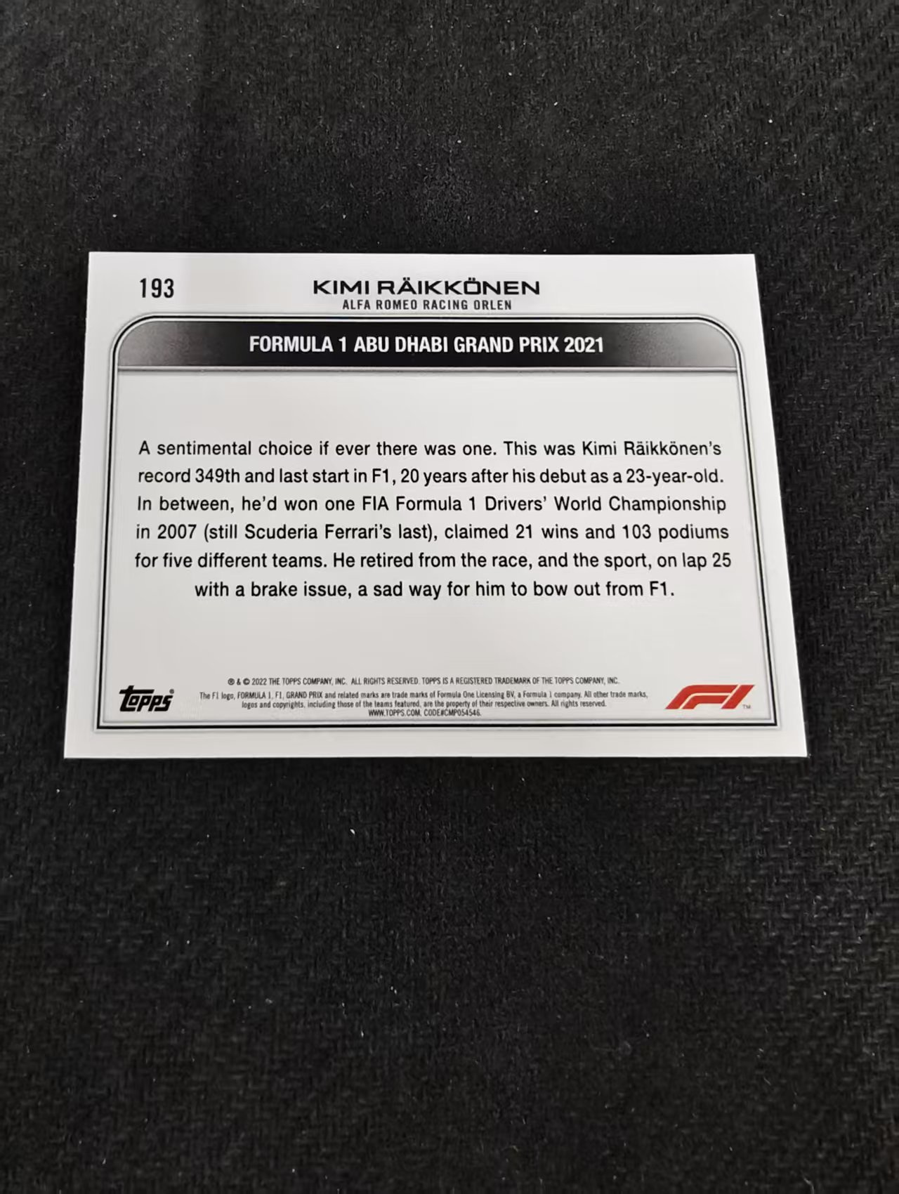 2022 Topps F1 Chrome Kimi Raikkonen 基米 莱科宁 阿尔法罗密欧 划痕 边角瑕疵@193