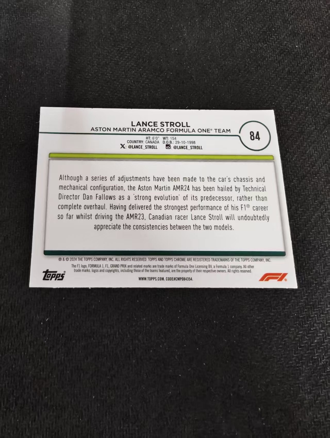 2024 Topps Chrome F1 Lance Stroll 阿斯顿马丁车队 兰斯 斯特罗尔 划痕 边角瑕疵 #84