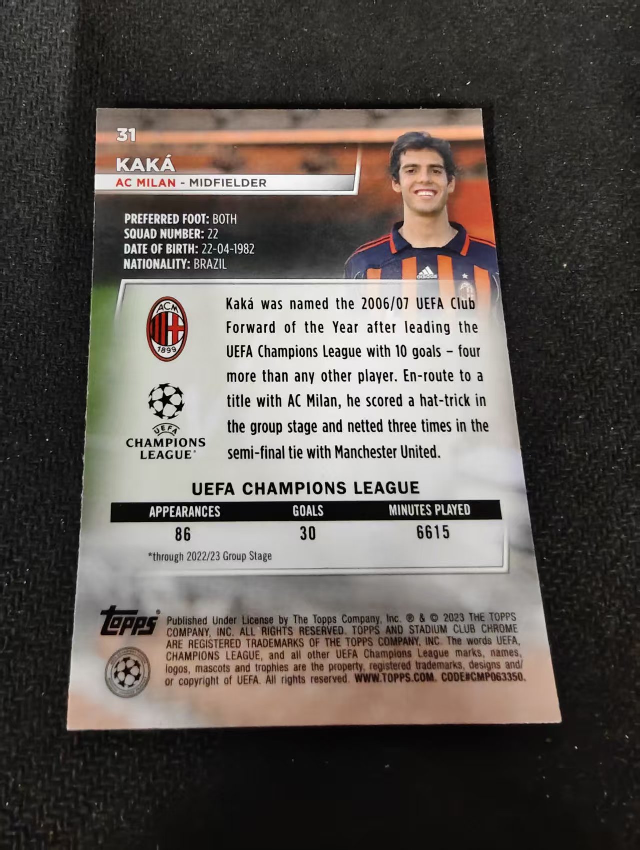 【可合并,不累计】2023 Topps Stadium Club Chrome kaka 卡卡 巴西 皇家马德里 AC米兰 欧冠 竞技场 不保卡品 介意勿拍 #31