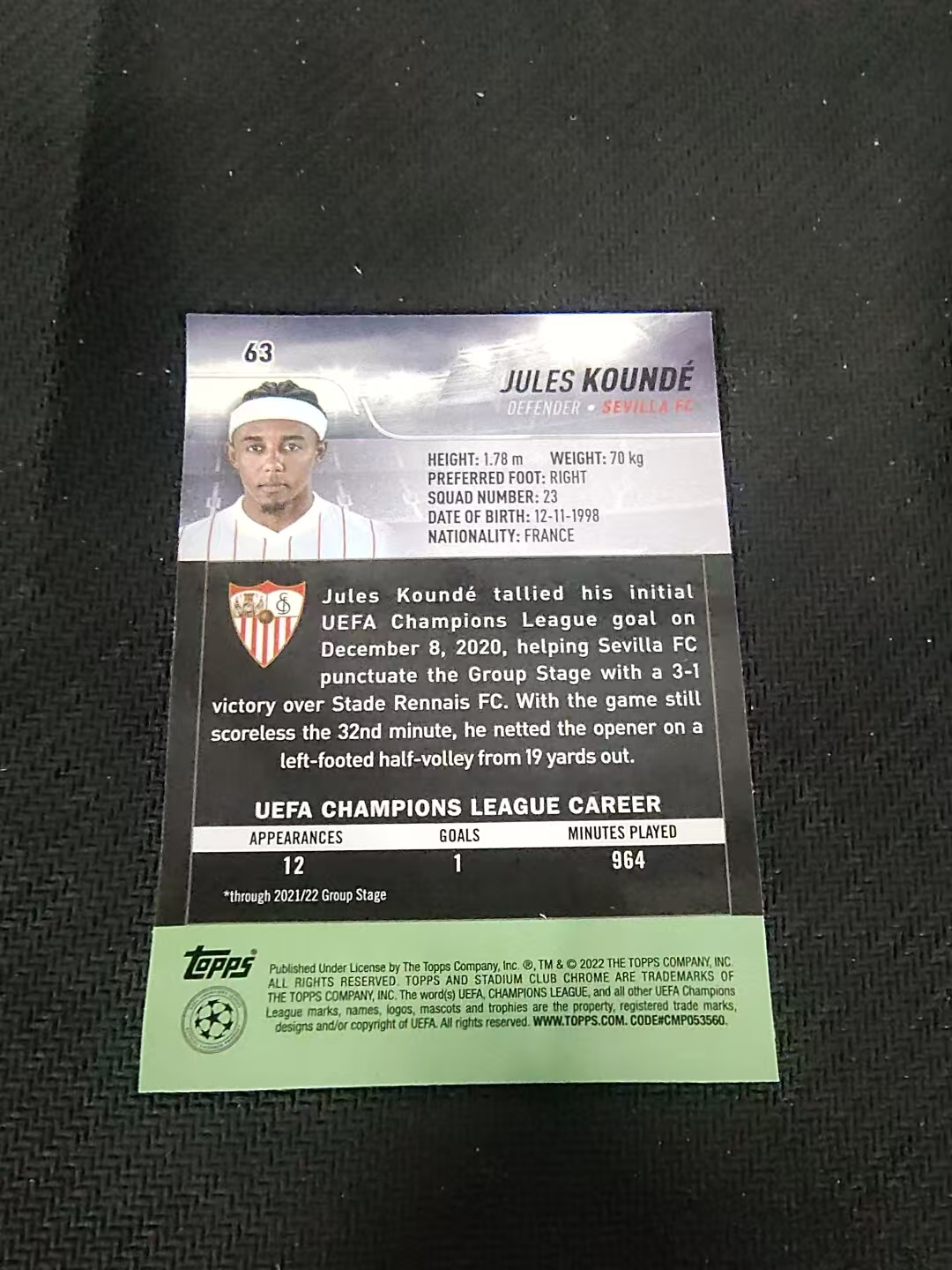 【可合并,不累计】2022 Topps Stadium Club Chrome Jules Kounde 朱尔斯 孔德 塞维利亚 竞技场 欧冠 划痕 边角瑕疵 #63