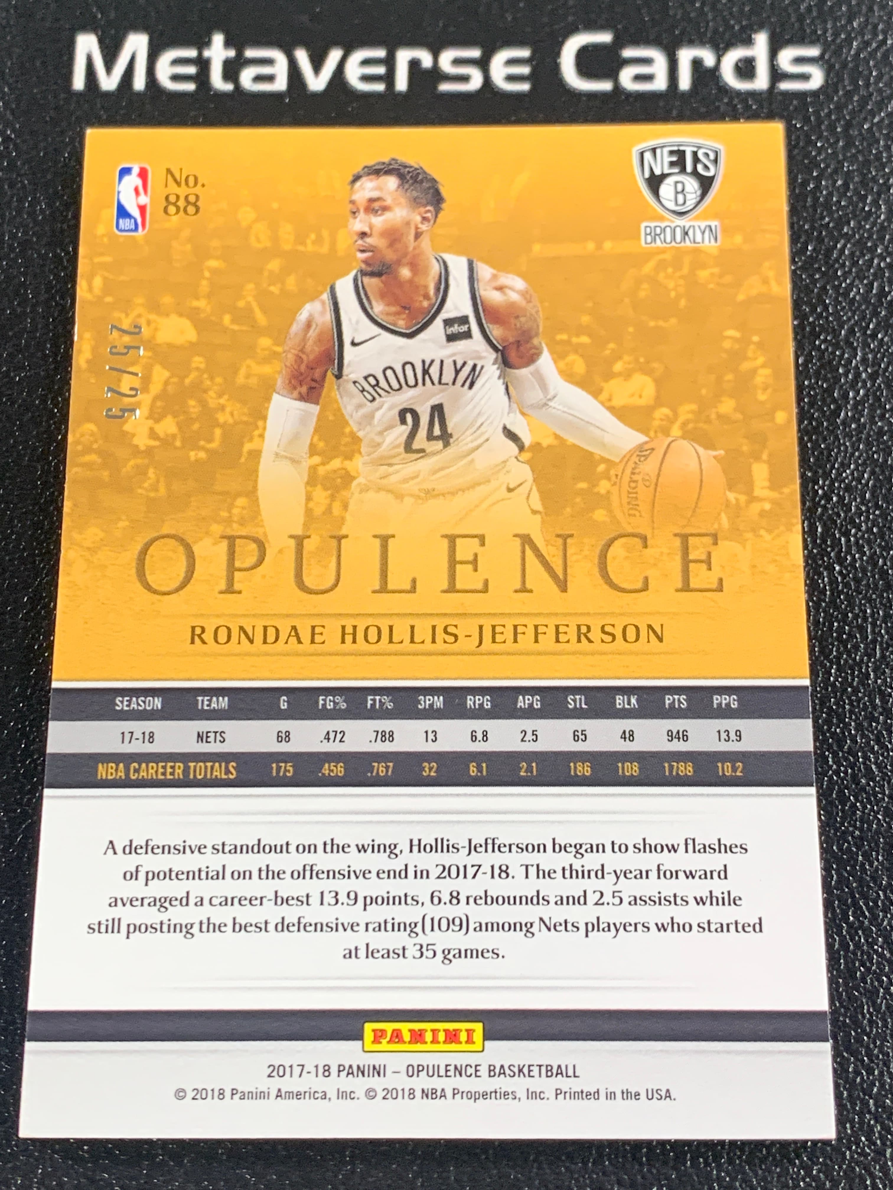 【元宇宙拍卖】闲堂掌柜002:2017-18 Panini Opulence Rondae Hollis Jefferson 金书 篮网 朗戴 霍利斯 杰弗森 base 银平行 25/25编 尾编 1/1 微瑕如图 收藏必备