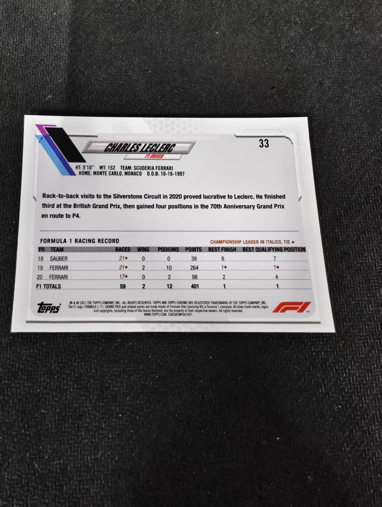 2021 Topps Chrome Charles Leclerc F1 法拉利 勒克莱尔 划痕 边角瑕疵 #33